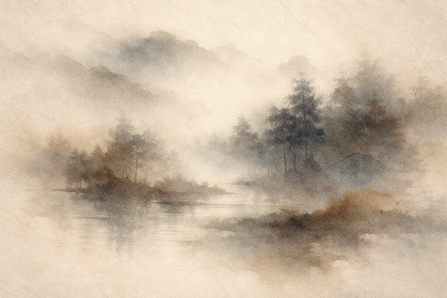 A quiet misty landscape with still water and faint trees fading into the distance, symbolizing the subtle unease many people feel in silence, where the absence of noise allows hidden thoughts and emotions to surface.