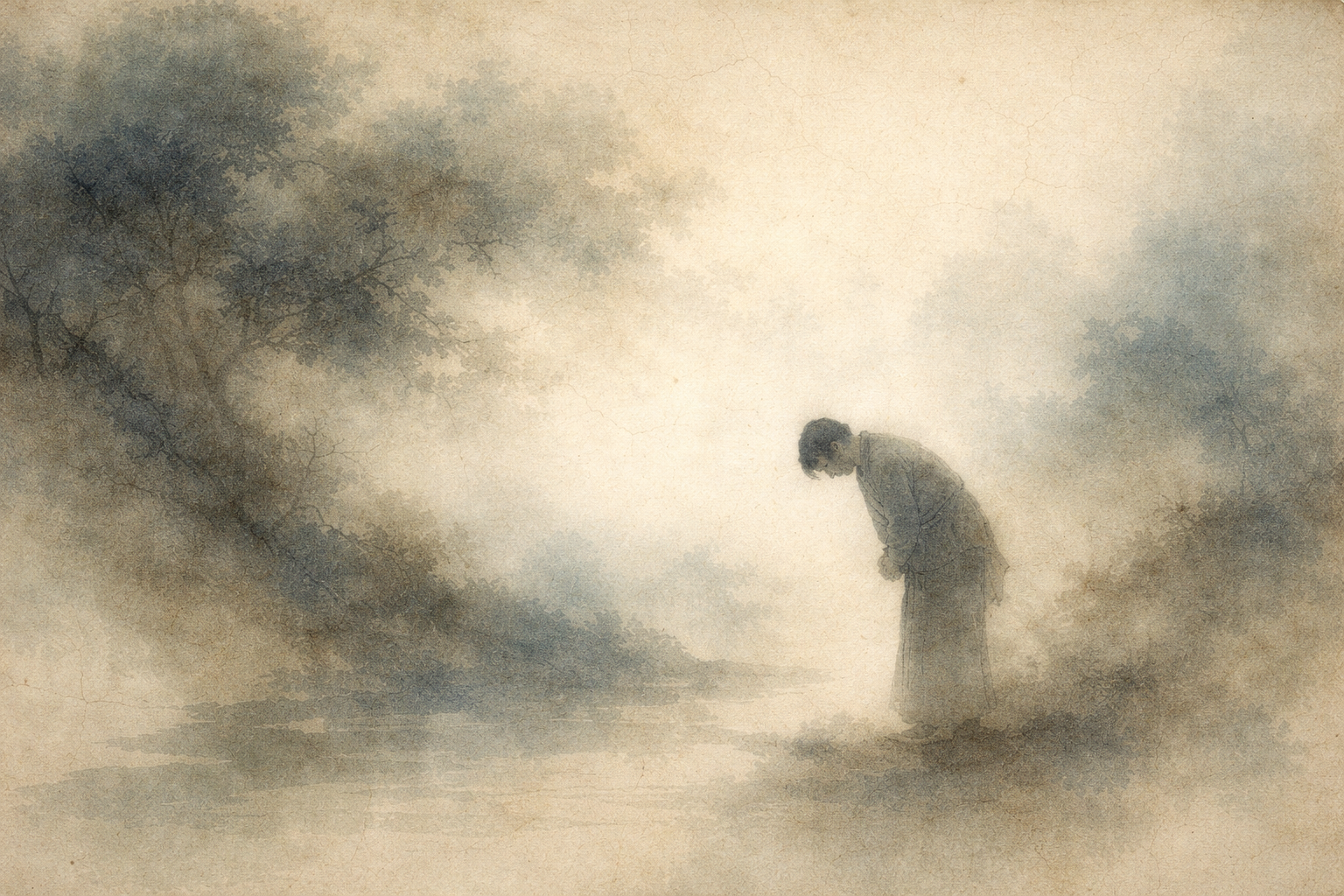 A watercolor-style illustration of a solitary figure standing with head bowed in a quiet, misty landscape, symbolizing emotional heaviness, reflection, and how small frustrations can feel overwhelming in the moment.