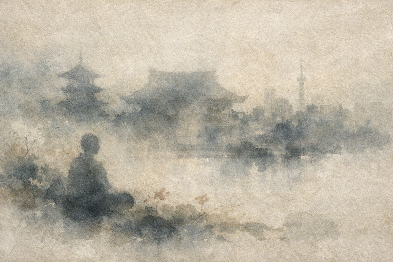 A solitary figure sitting quietly by the water, facing distant temple silhouettes softened by mist, symbolizing the continuing role of temples in modern Japan as places of reflection, cultural memory, and spiritual connection.
