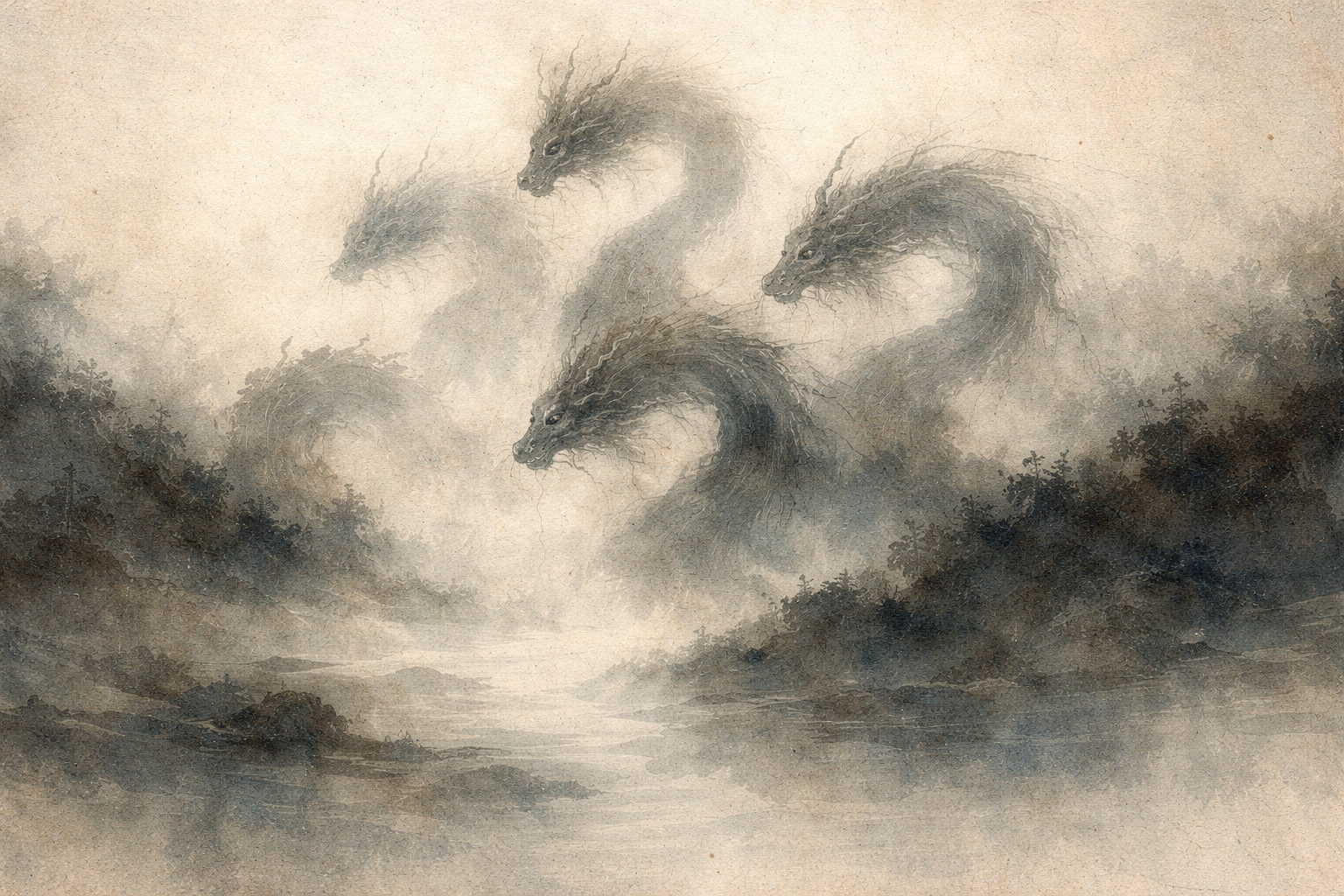 Multiple serpent-like forms emerging from mist above a quiet landscape, symbolizing how thoughts can appear powerful and convincing, shaping perception despite their insubstantial nature.