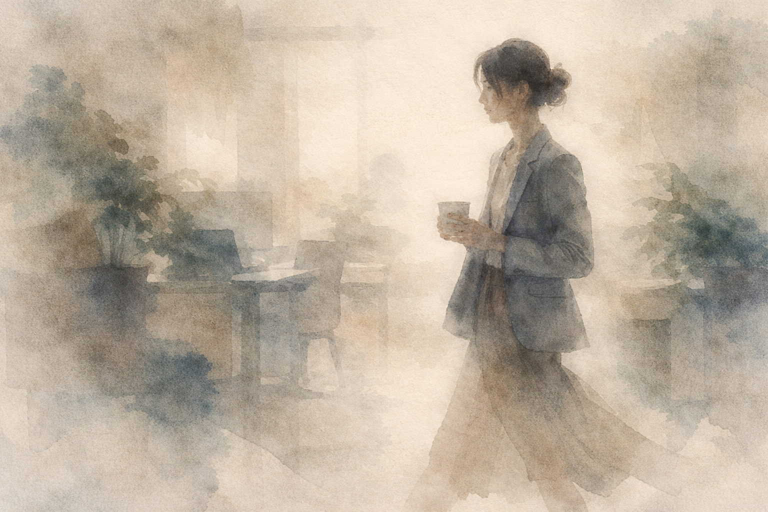 A woman walks thoughtfully through a quiet office space, holding a cup—evoking introspection, self-awareness, and the subtle longing for recognition and validation from others.