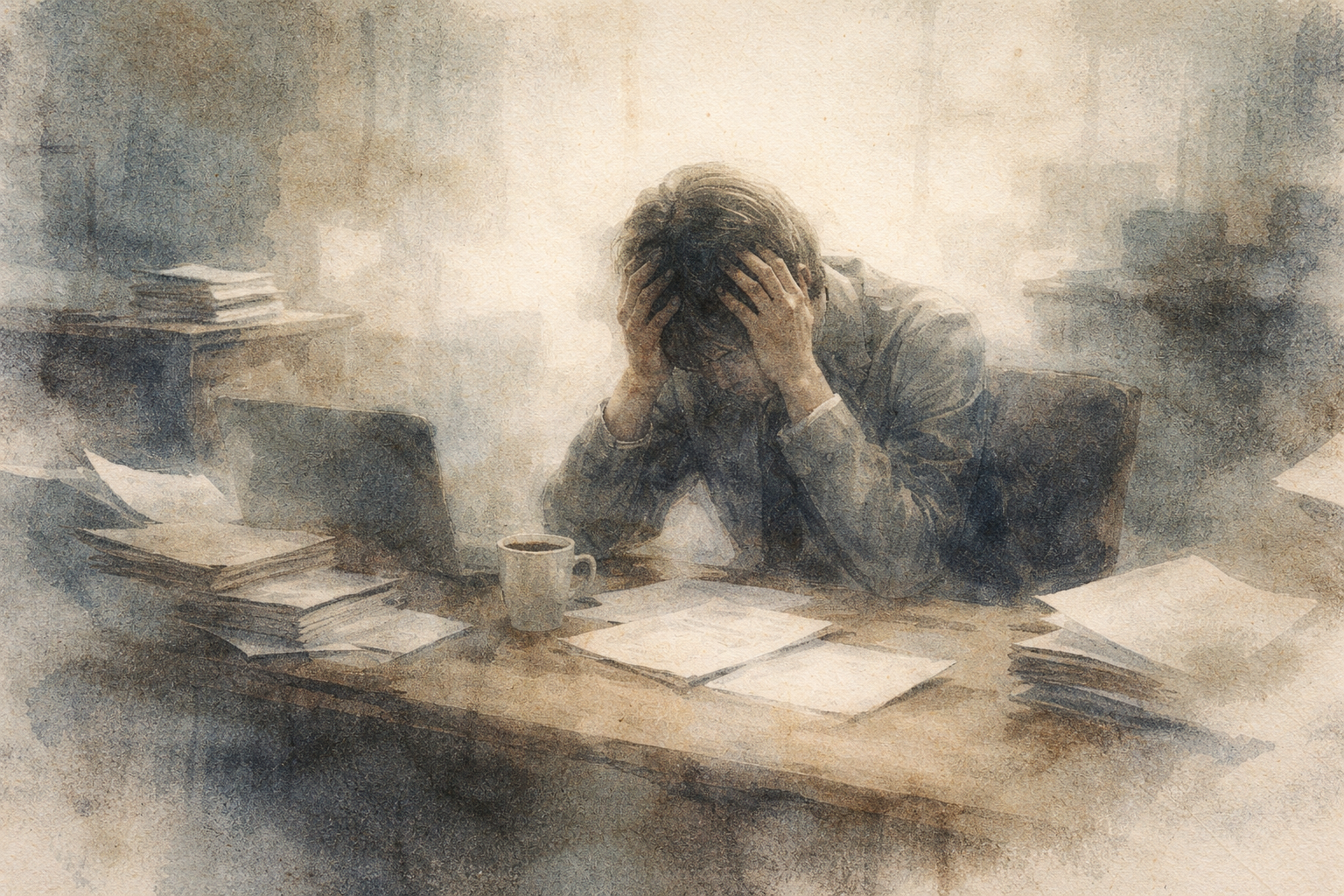 A person sitting at a cluttered desk with a laptop and scattered papers, holding their head in stress—capturing how work pressure becomes deeply personal and overwhelming.