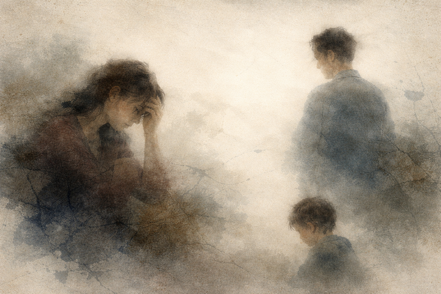 頭を抱えて悩む親と、少し離れて立つ家族の姿が描かれた水彩風のイラスト。家庭の中で生まれるストレスや感情の距離、そしてそれに気づき癒していく必要性を象徴している。