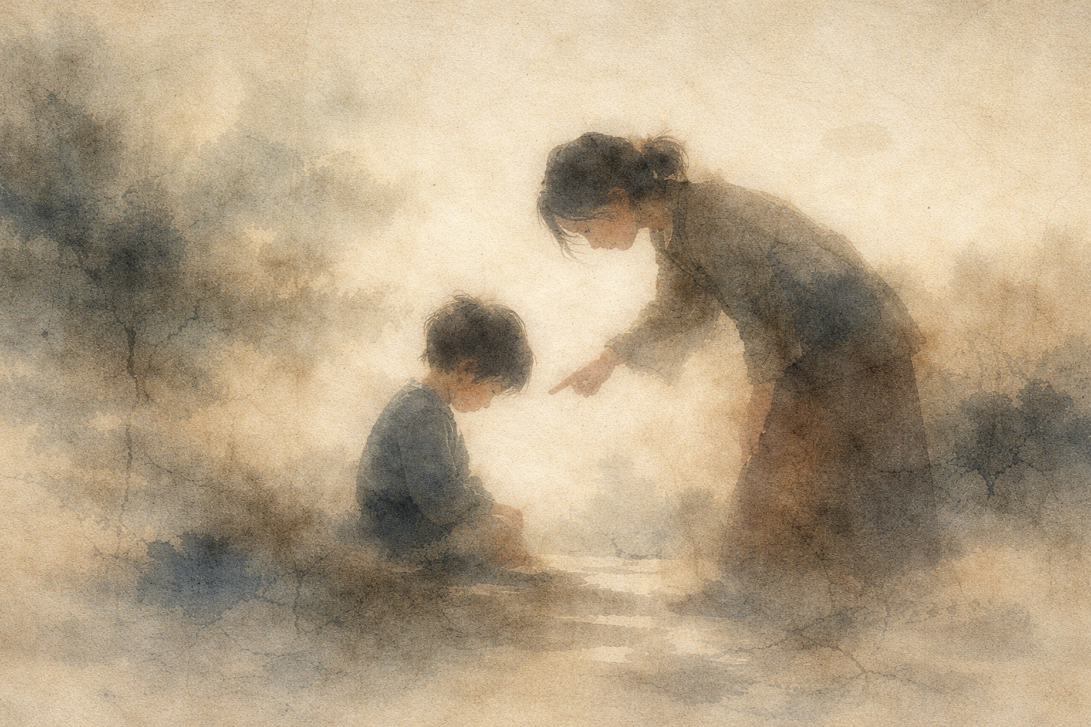 A watercolor-style scene of a parent leaning forward and pointing while speaking to a seated child with head lowered, set in a soft misty landscape, symbolizing moments of frustration in parenting and the reflective perspective offered by Buddhist teachings on awareness and compassion.