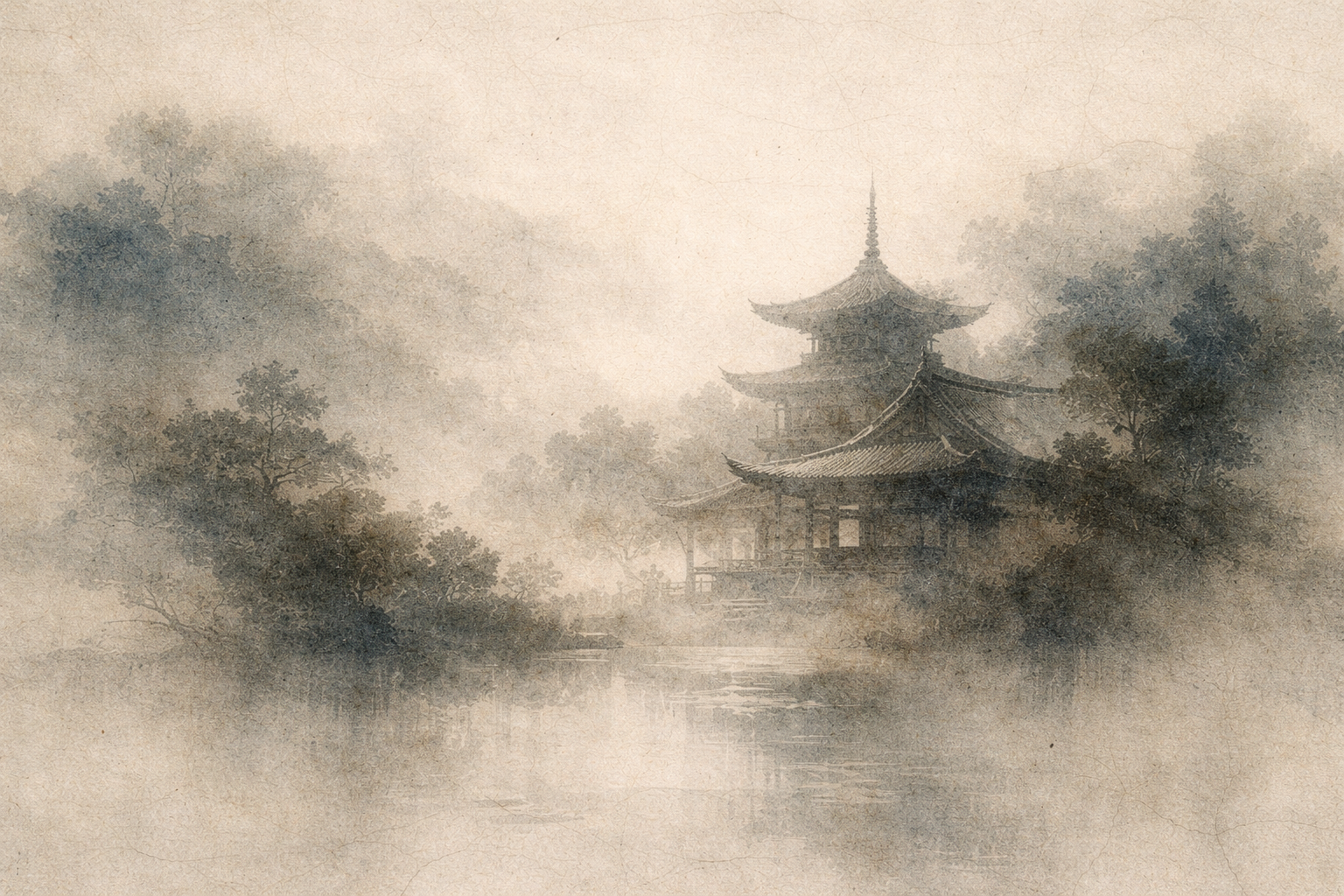Misty traditional Buddhist pagoda surrounded by quiet trees reflected on still water, evoking calm contemplation and a restless mind seeking peace at night.