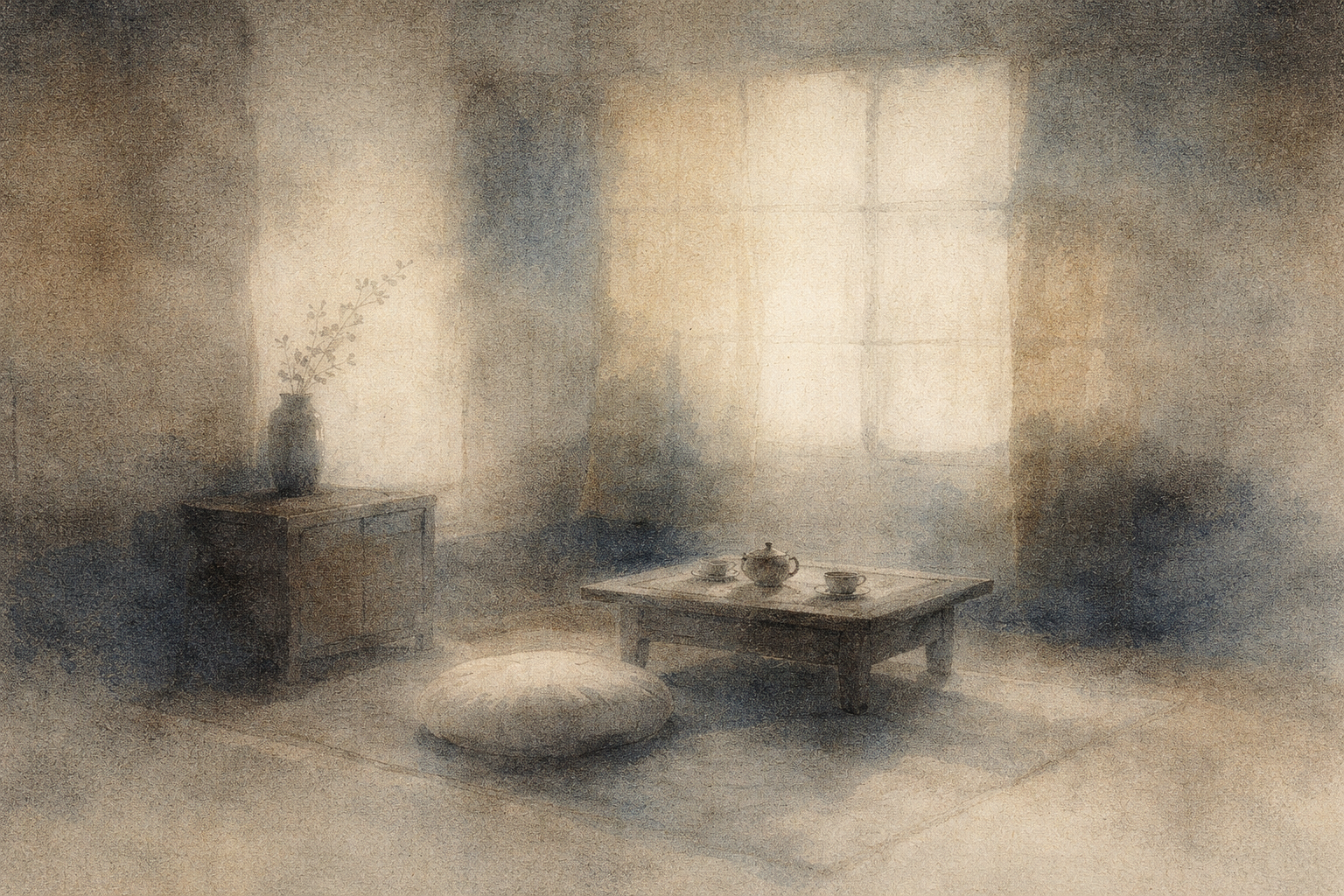 やわらかな光に包まれた静かなミニマル空間。低い木のテーブルに急須と湯のみ、座布団と一輪挿しが置かれ、小さく整えられた場が心を落ち着かせ、今ここへと導く様子を表している。