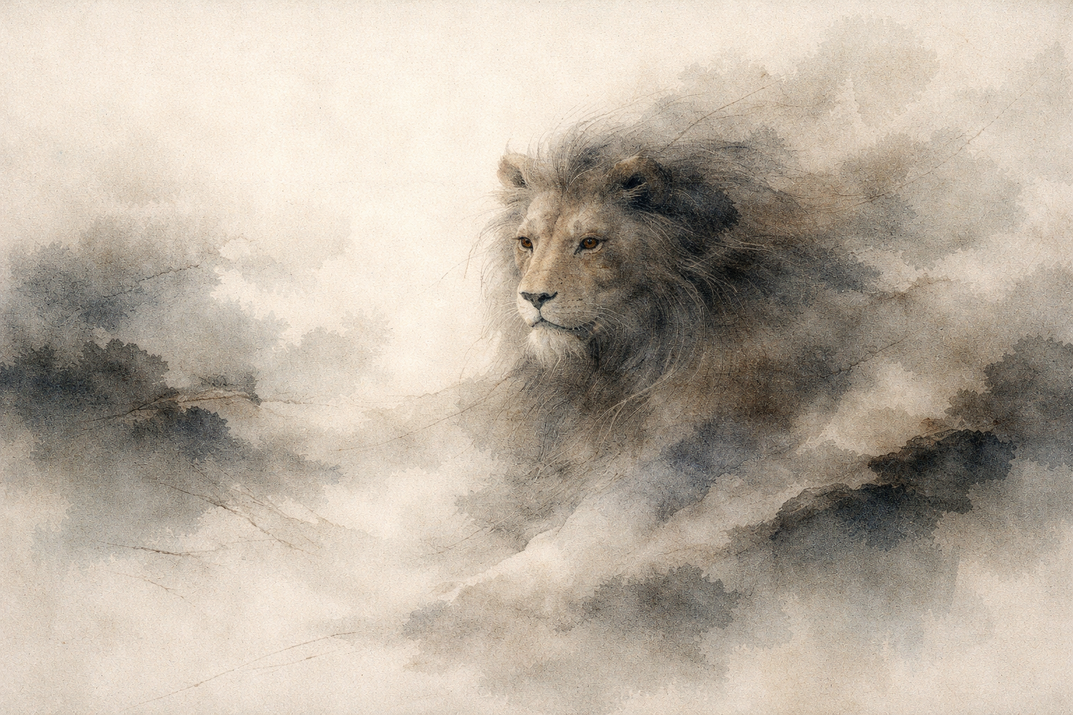 A lion emerging from drifting mist, symbolizing the sense of inner authority and self-protection that drives the ego’s desire for control, strength, and stability in an uncertain world.