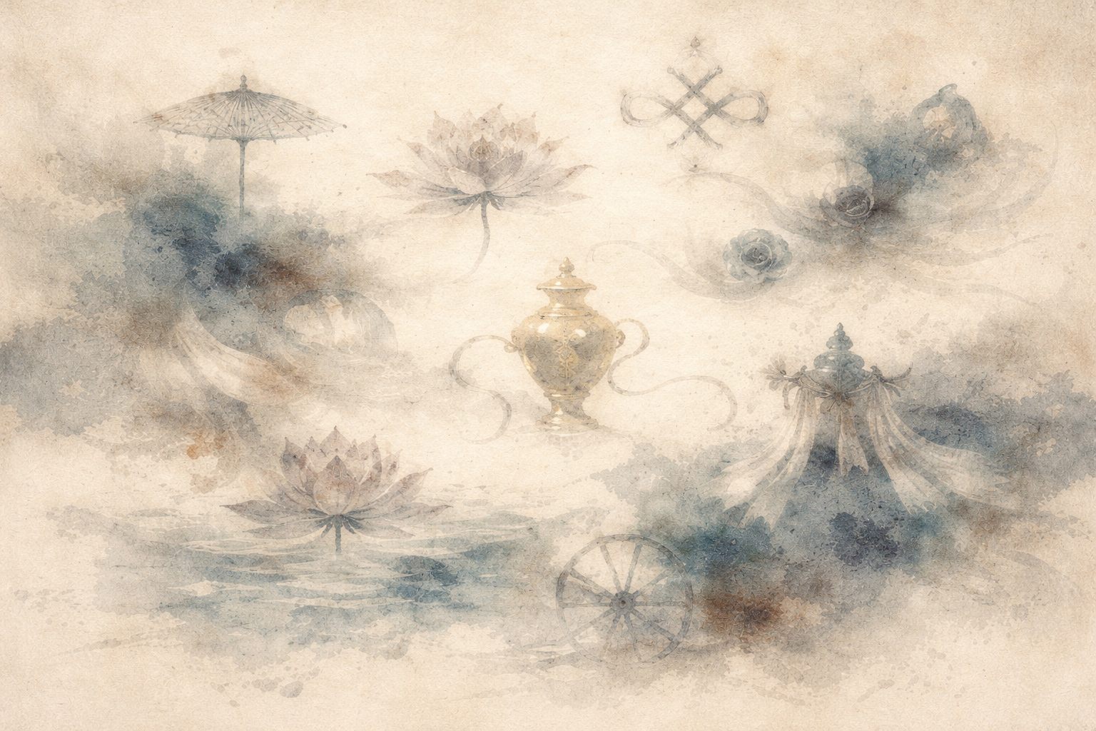 Artistic watercolor composition of the Eight Auspicious Buddhist Symbols—including the lotus, conch shell, endless knot, dharma wheel, treasure vase, golden fish, parasol, and victory banner—representing spiritual wisdom, protection, harmony, and the path to enlightenment.