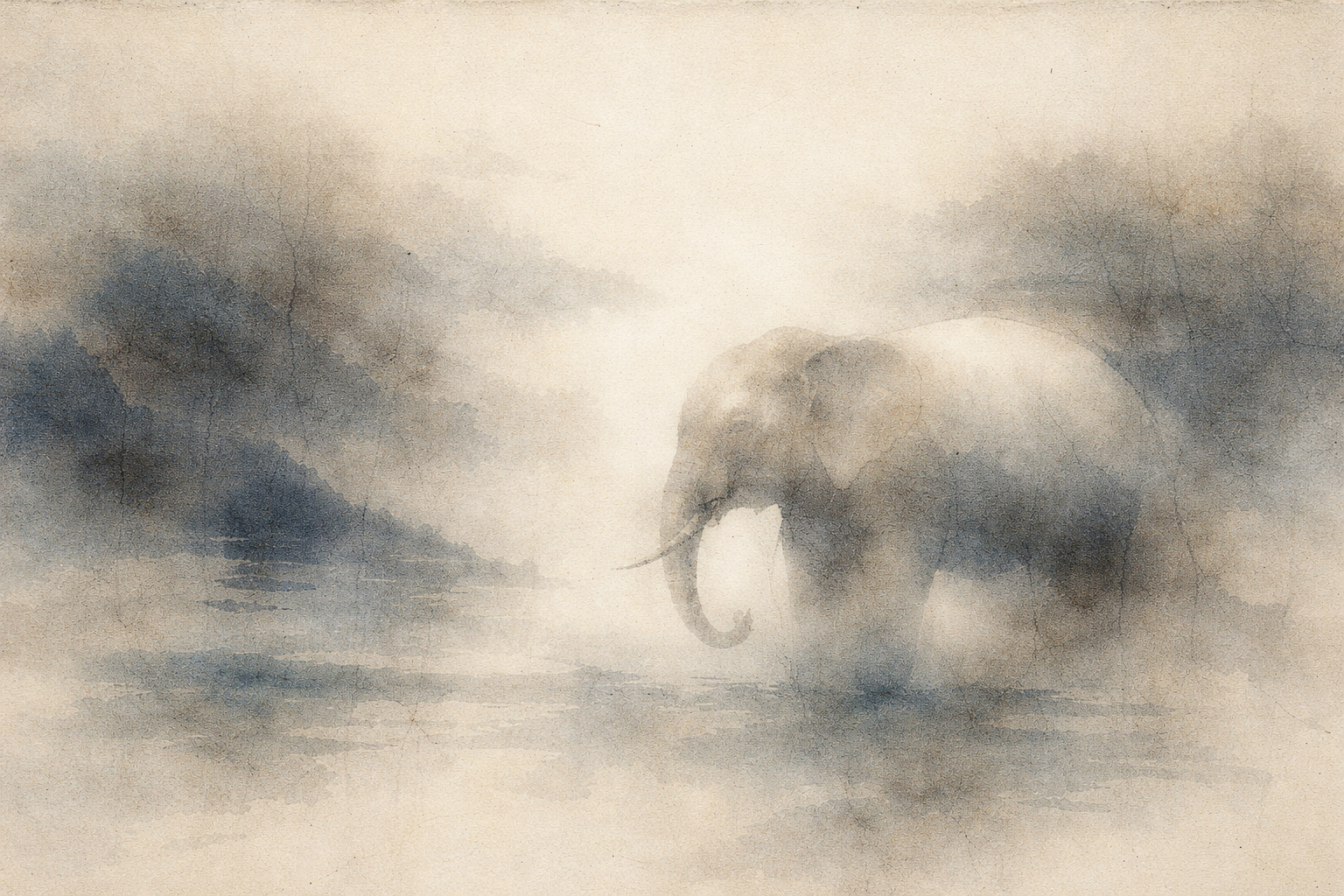 Soft, misty illustration of an elephant walking through a quiet landscape, symbolizing wisdom, strength, and spiritual awakening—an enduring symbol in Buddhism associated with mindfulness and inner clarity.