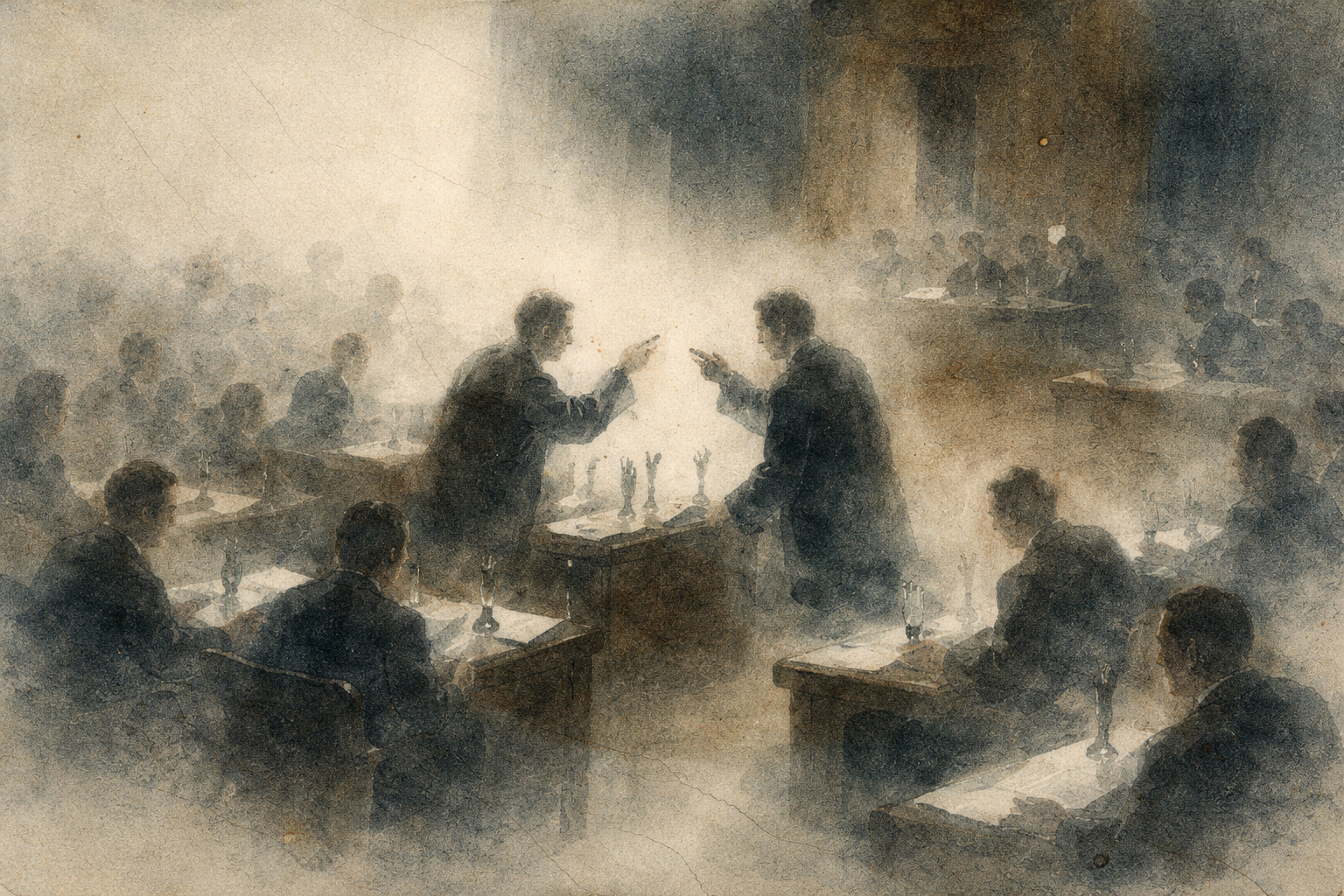 Two figures engaged in intense discussion before a group, symbolizing how the mind constructs narratives and interpretations in an attempt to make sense of experience.