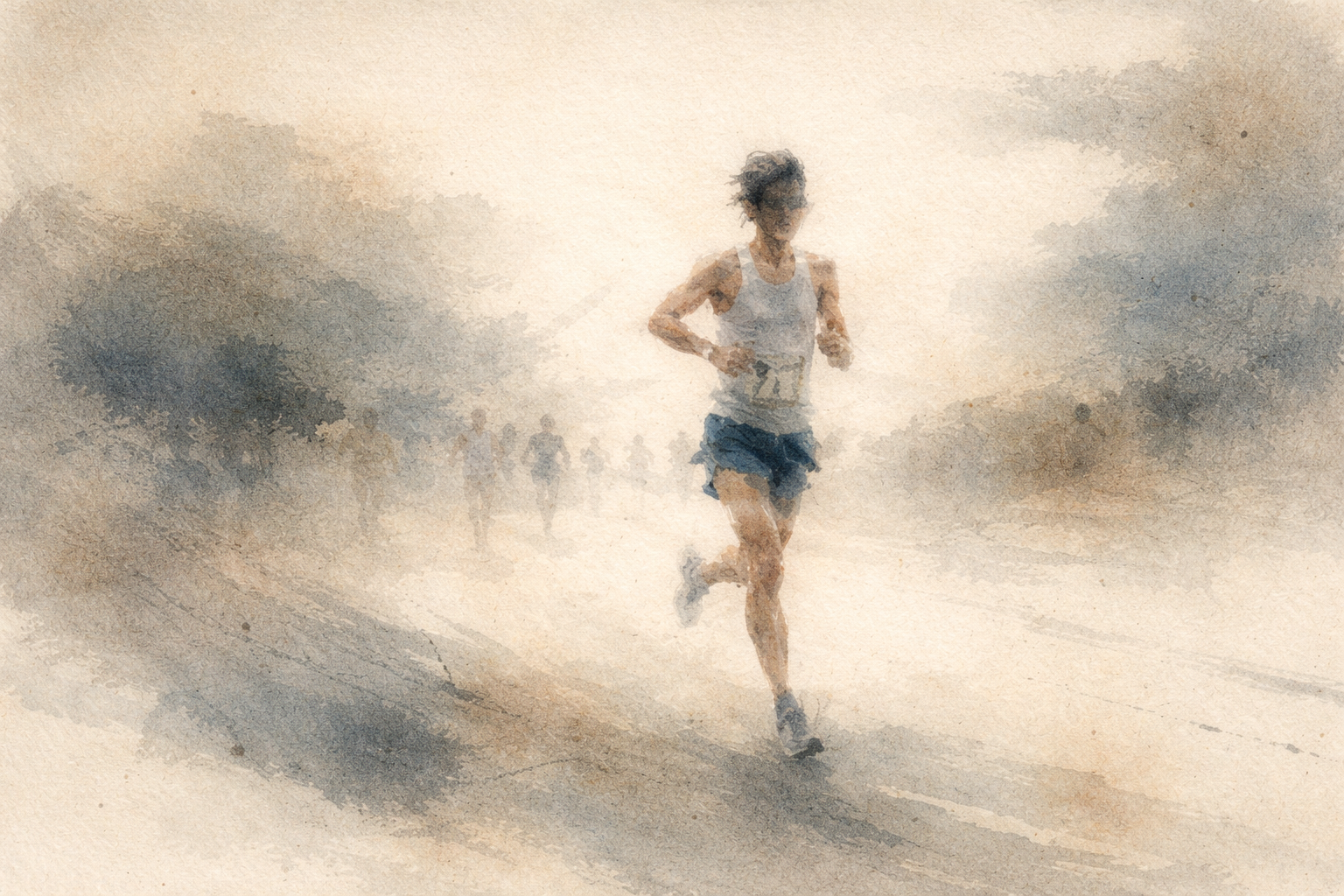 霧の道を走るランナーと、その後方にぼんやりと続く人影。過去の経験や習慣によって形づくられた心のパターンにより、同じ感情が繰り返し現れる様子を象徴している。