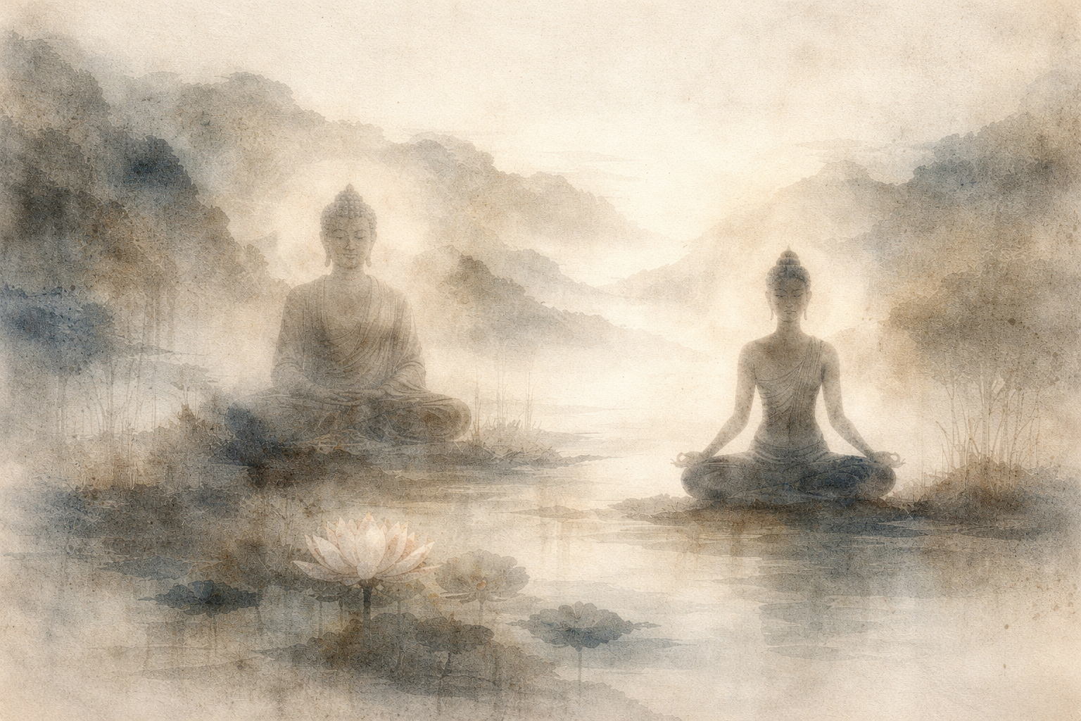 Soft, minimalist watercolor illustration of two meditating figures facing each other across a calm lotus pond surrounded by misty mountains, symbolizing the philosophical harmony and subtle differences between Zen Buddhism and Taoism, both of which emphasize simplicity, natural balance, and living in alignment with the flow of existence.