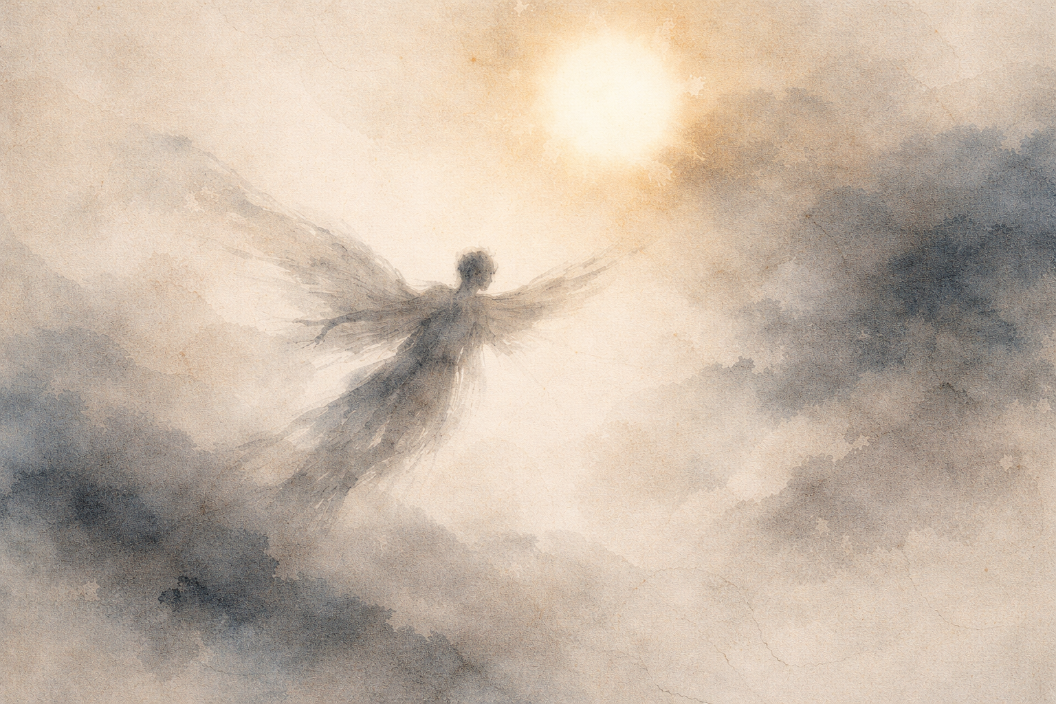 空へと昇る光に包まれた人物を描いた淡い水彩風イラスト。目覚め、シンプルさ、そして複雑さを超えた明晰さという禅の気づきを象徴している。