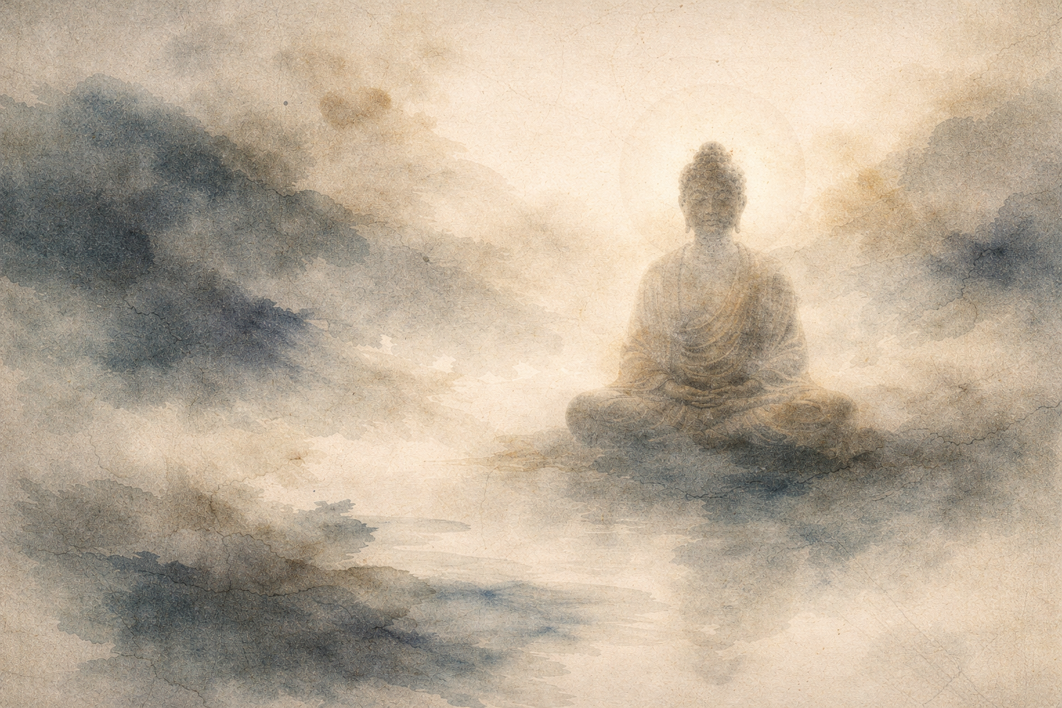 やわらかな雲に包まれて瞑想する仏の姿を描いた穏やかな水彩風イラスト。日常のマインドフルネス、今この瞬間への気づき、そして静かな意識を象徴している。