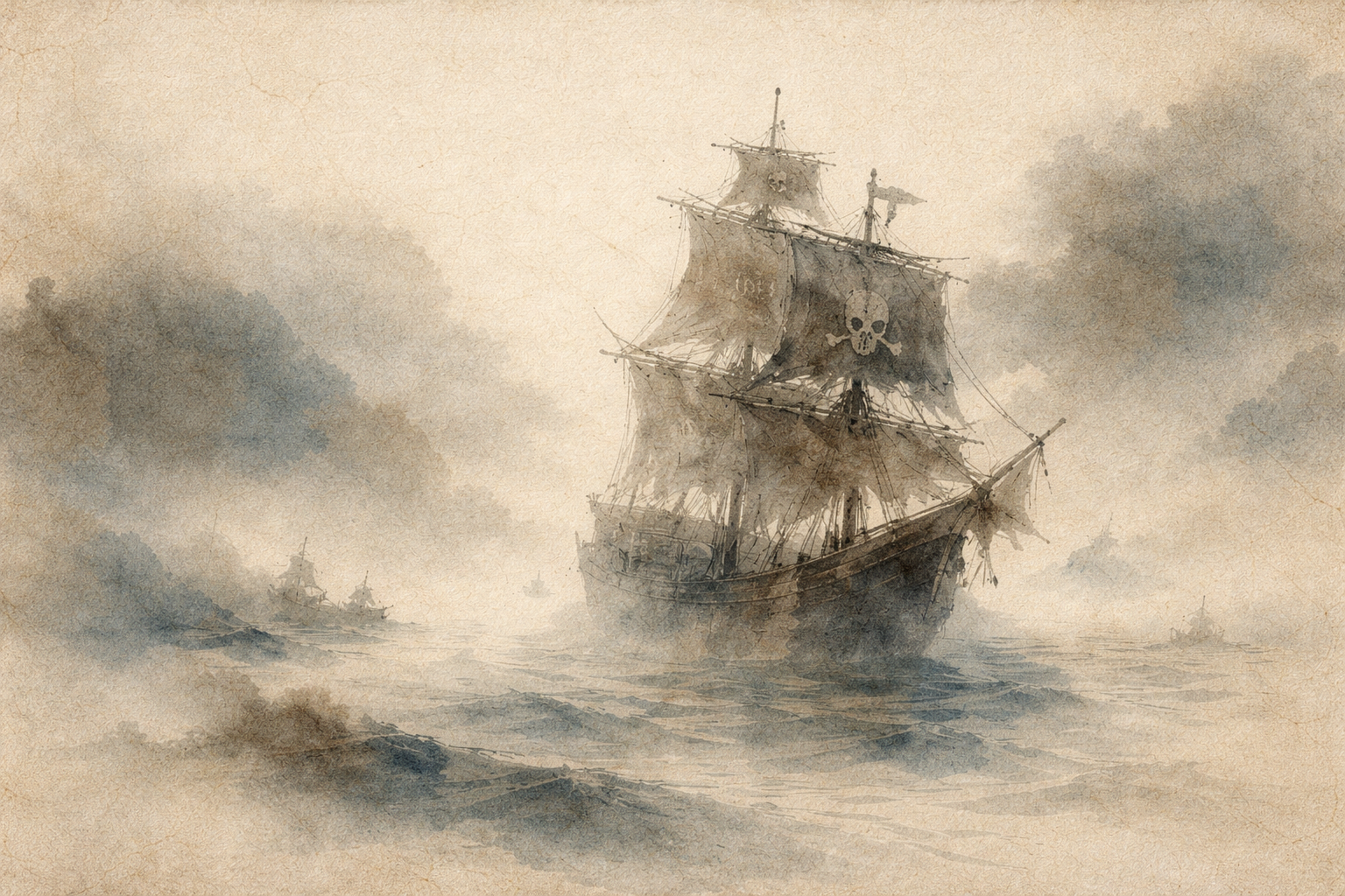 Atmospheric watercolor-style illustration of a lone ship sailing through misty waters, symbolizing finding inner peace amid chaos and uncertainty through Zen awareness.