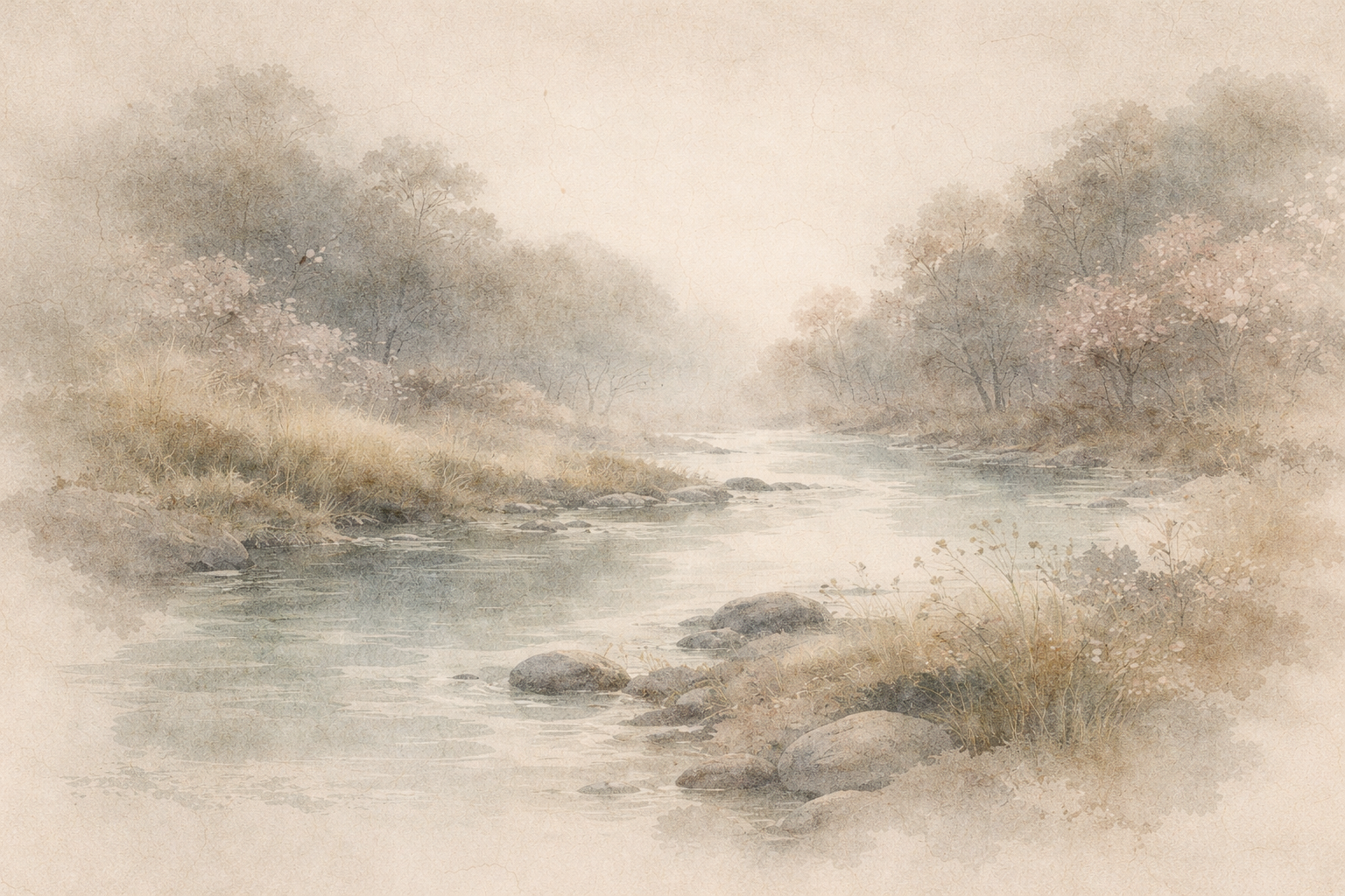 Soft watercolor-style landscape of a quiet flowing river surrounded by fading trees, symbolizing impermanence, gentle change, and the natural flow emphasized in Zen teachings.