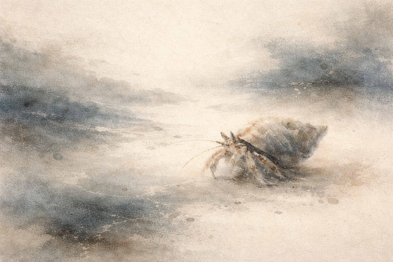 Delicate watercolor-style illustration of a hermit crab moving slowly across a misty shoreline, symbolizing adaptability, surrender, and the Zen practice of letting go of control.