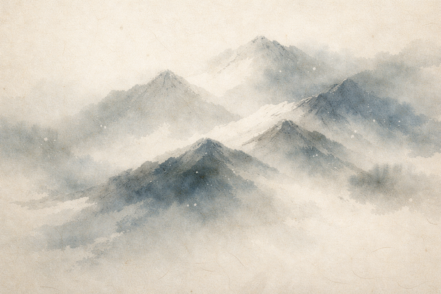 Minimalist watercolor-style landscape of layered mountains fading into mist, expressing simplicity, clarity, and the quiet insight found in Zen reflections on life.