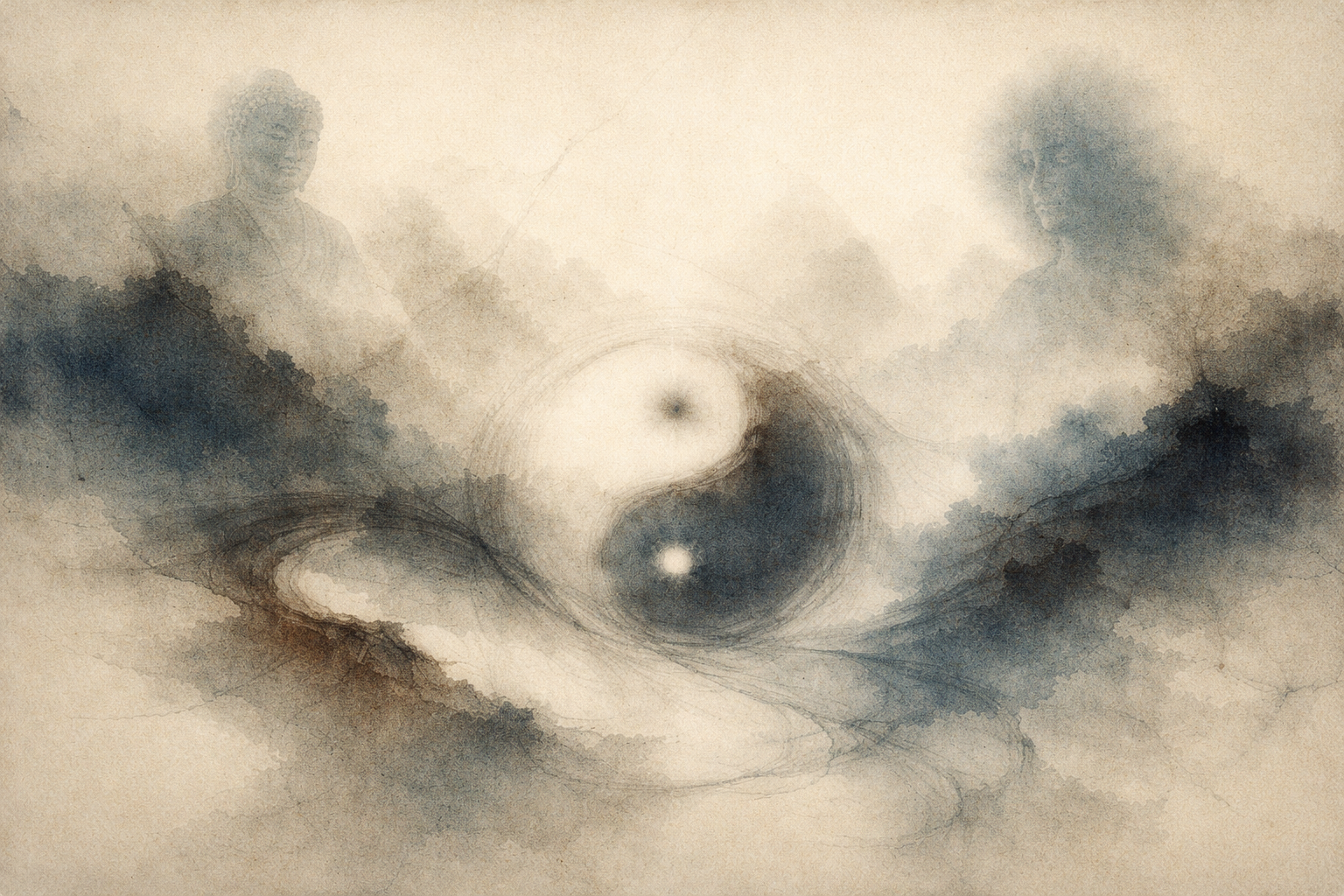 Abstract watercolor-style composition of a yin-yang symbol flowing through a misty landscape with faint Buddha figures, symbolizing balance, mindfulness, and harmony in everyday life.