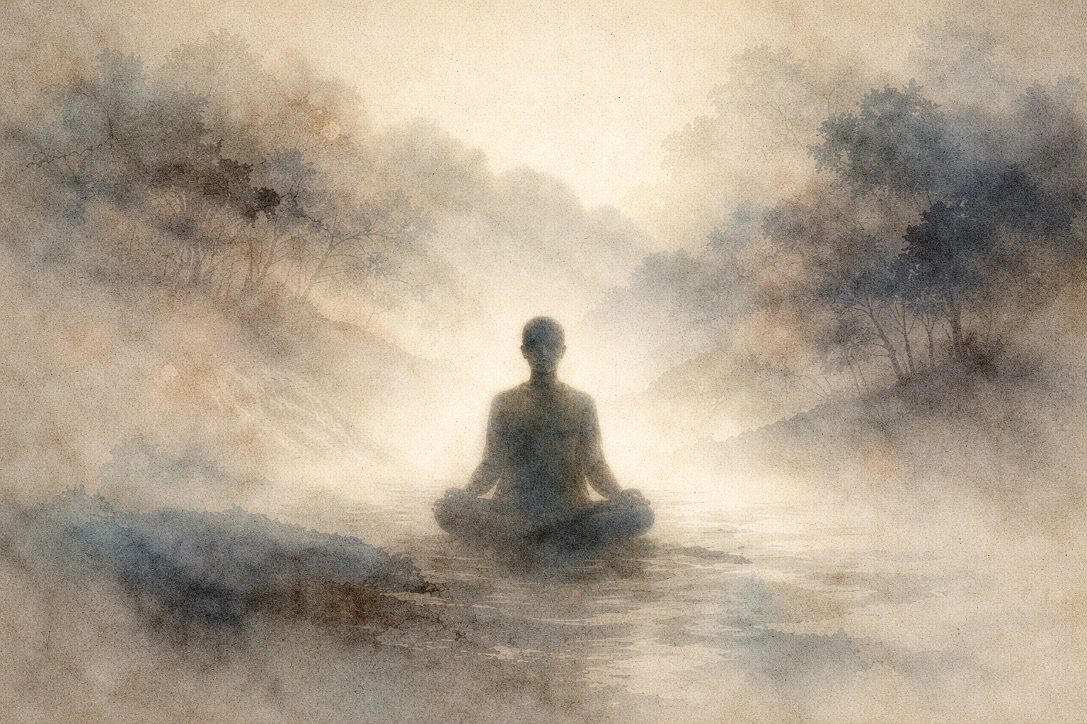 霧に包まれた風景の中で静かに座禅を組む人物を描いた穏やかな水彩風イラスト。静寂、気づき、そして禅のマインドフルネスによって得られる明晰さを象徴している。