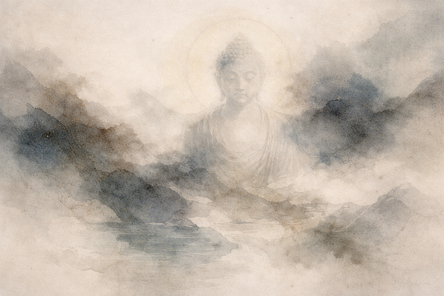 霧に包まれた山々の中に淡く浮かぶ仏陀の姿を描いた穏やかな水彩風イラスト。静寂、内なる平和、そして禅の実践における穏やかな気づきを象徴している。