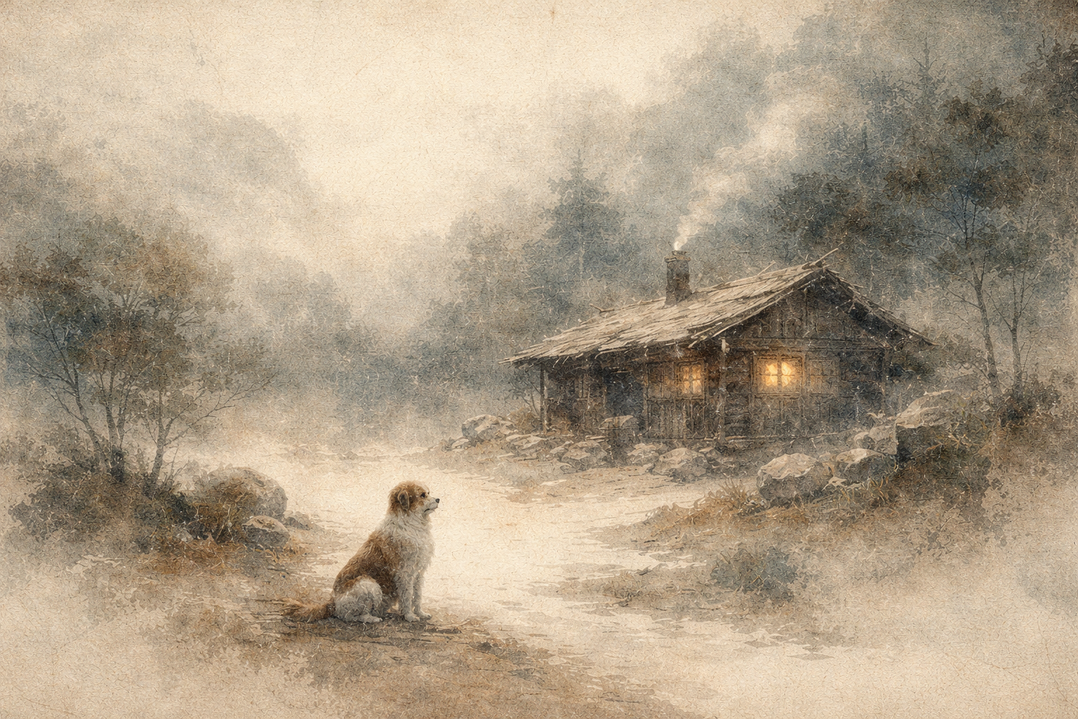 Gentle watercolor-style illustration of a small dog sitting quietly before a rustic cabin glowing with warm light in a misty forest, symbolizing simplicity, contentment, and living lightly in the Zen spirit.