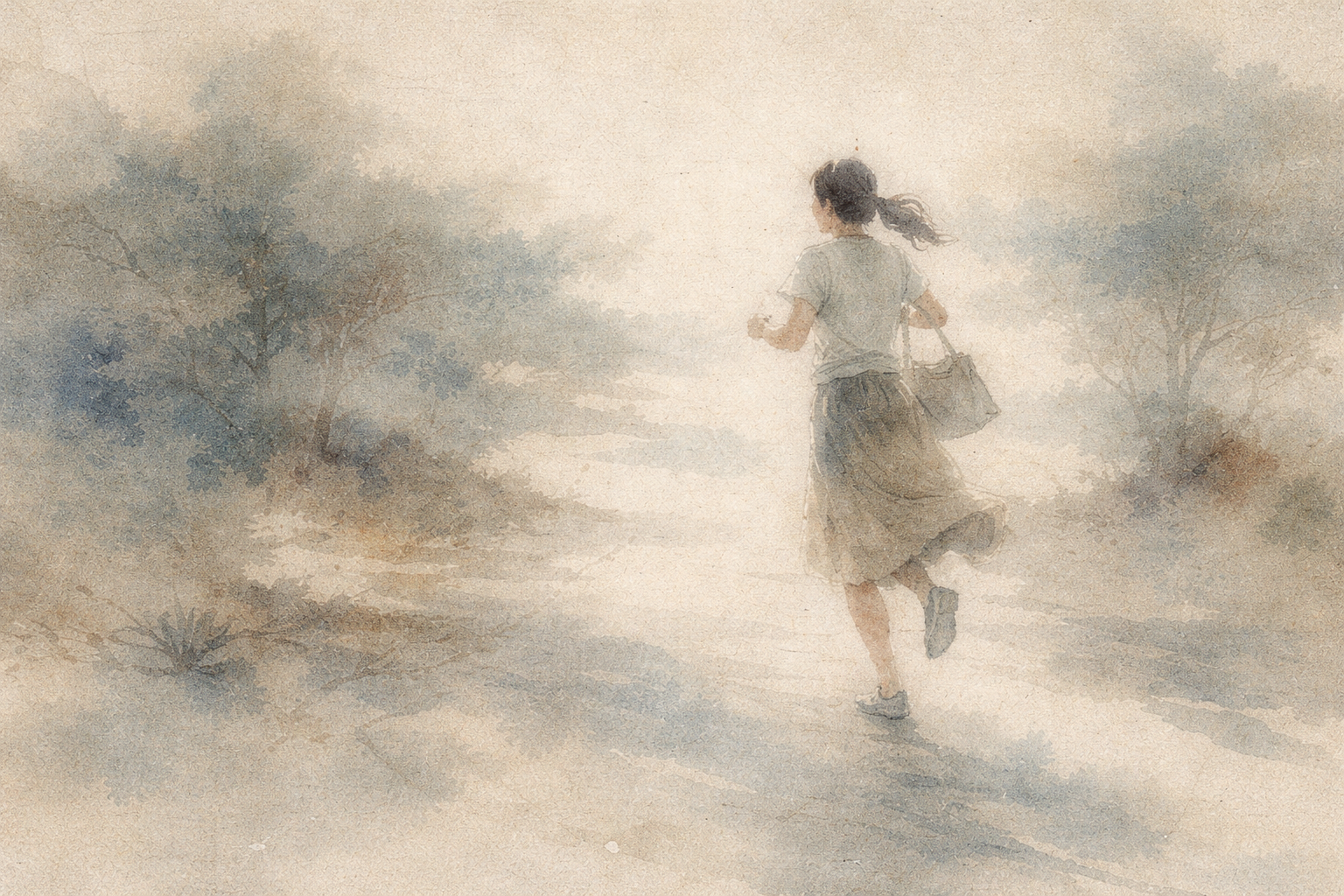 Soft watercolor-style illustration of a woman walking forward along a misty path, symbolizing the journey through suffering toward awakening, growth, and inner clarity in Zen thought.