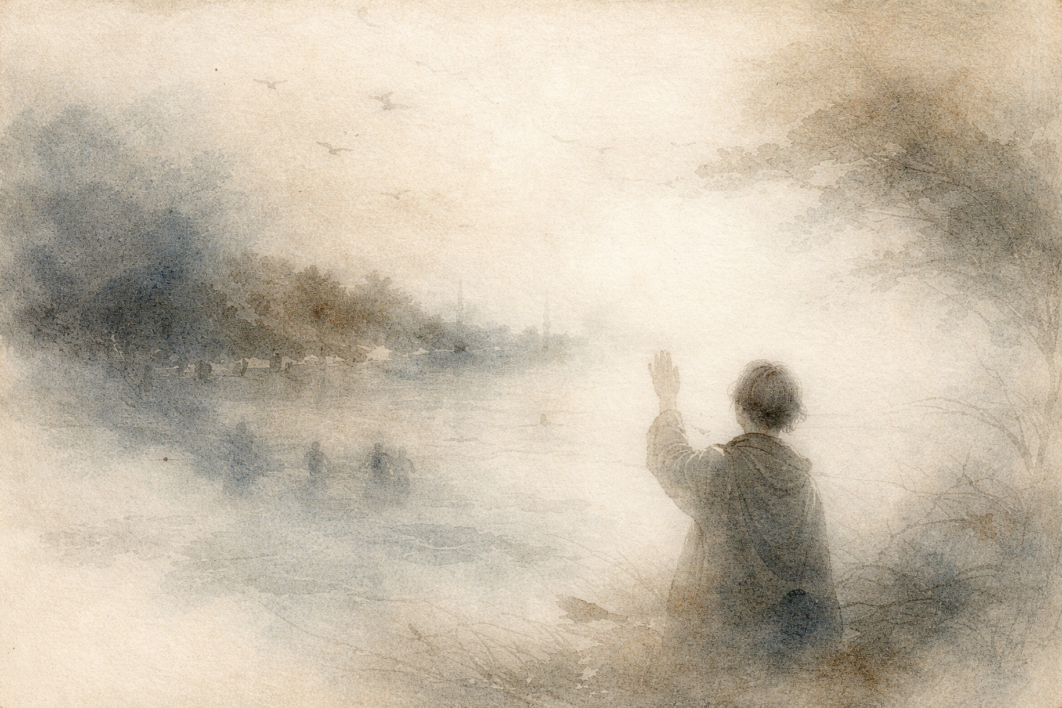 Ethereal watercolor-style illustration of a solitary figure gazing across a misty landscape, symbolizing the Zen insight that control is often an illusion and peace arises through acceptance.