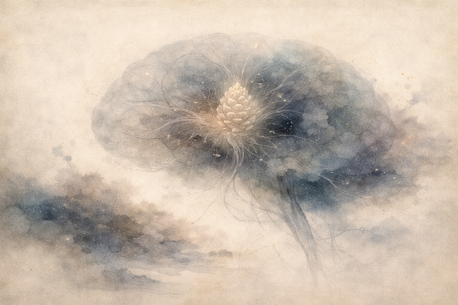 Abstract watercolor-style image of a brain-like form with a luminous lotus-shaped center, symbolizing clarity, awareness, and the Zen insight into the nature of the mind.