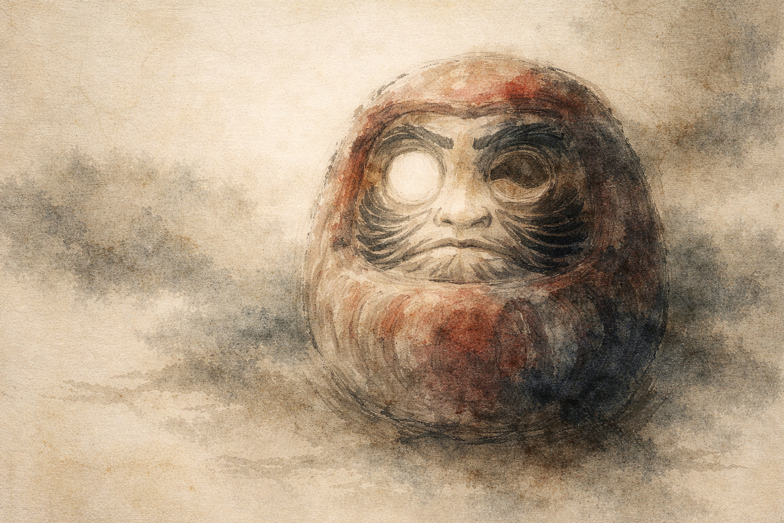 Watercolor-style illustration of a traditional Daruma doll with one eye unpainted, symbolizing perseverance, self-reflection, and the Zen practice of transcending the ego.
