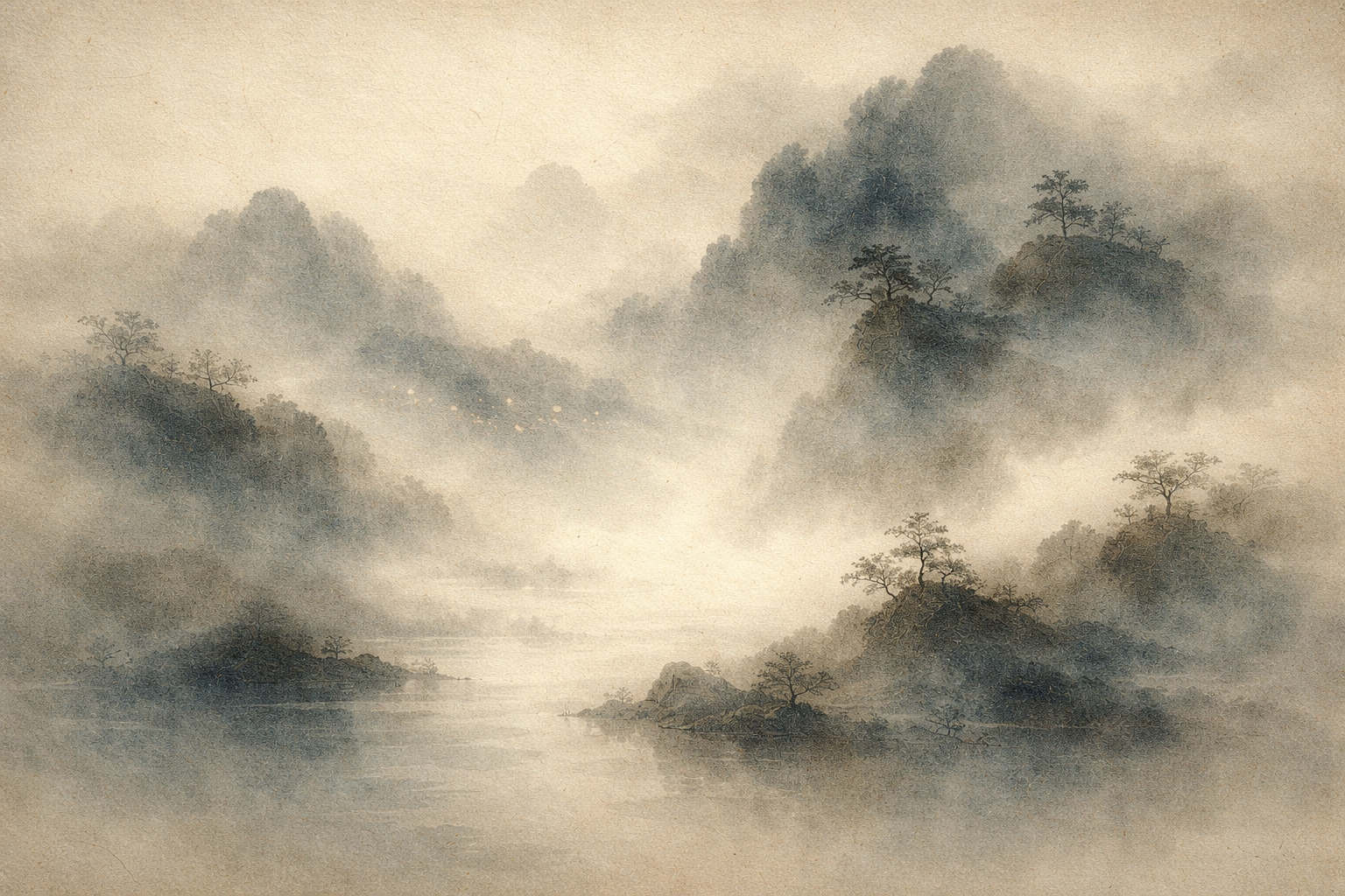 Atmospheric watercolor-style landscape of mist-covered mountains reflected in still water, symbolizing shifting perception, clarity, and the Zen insight that transforms how reality is seen.