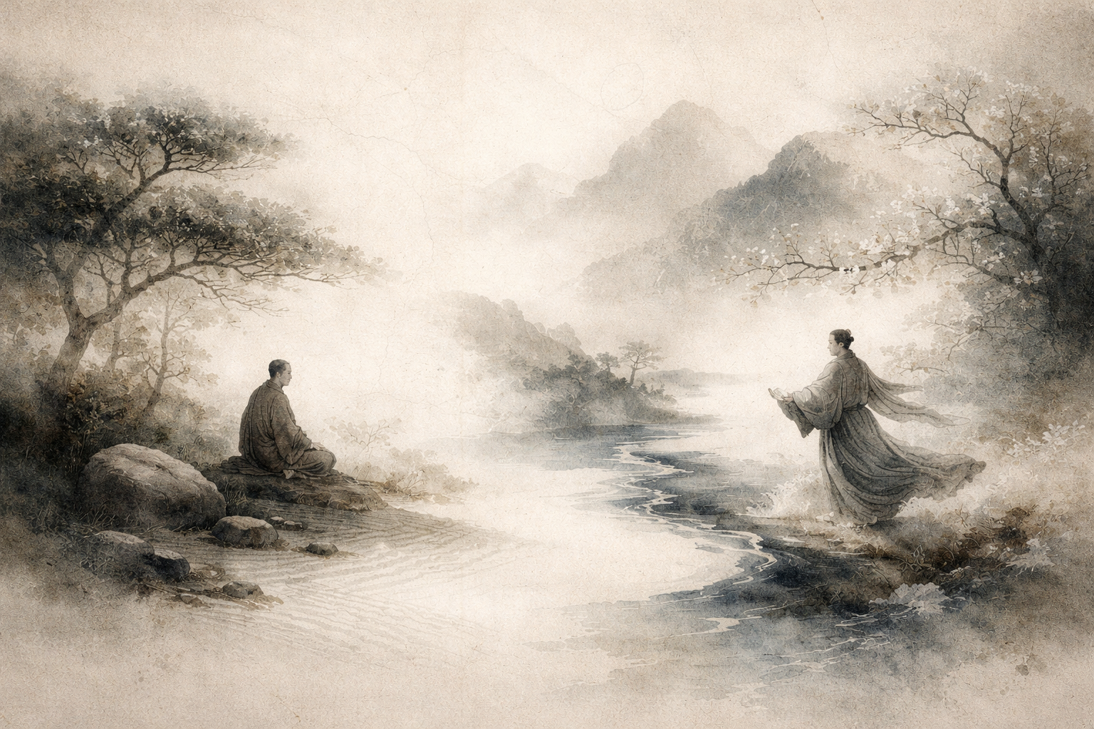 Delicate watercolor-style illustration of two figures in a tranquil landscape, one seated in still meditation and the other standing in flowing motion beside a winding river, symbolizing the contrast between Zen’s emphasis on direct experience and spontaneity and Confucianism’s focus on structure, discipline, and harmonious social order.