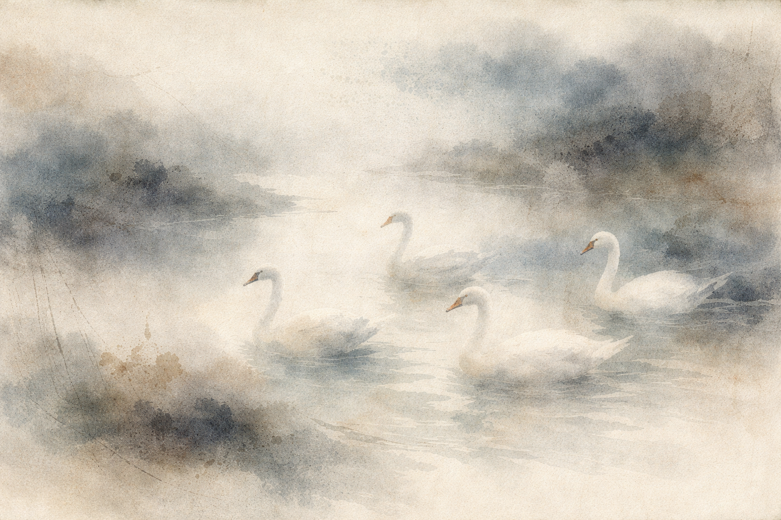 Four white swans gliding peacefully across calm water in a misty landscape, symbolizing different Buddhist paths moving harmoniously in the same direction, reflecting the distinctions and shared essence of Zen, Pure Land, and Shingon traditions.
