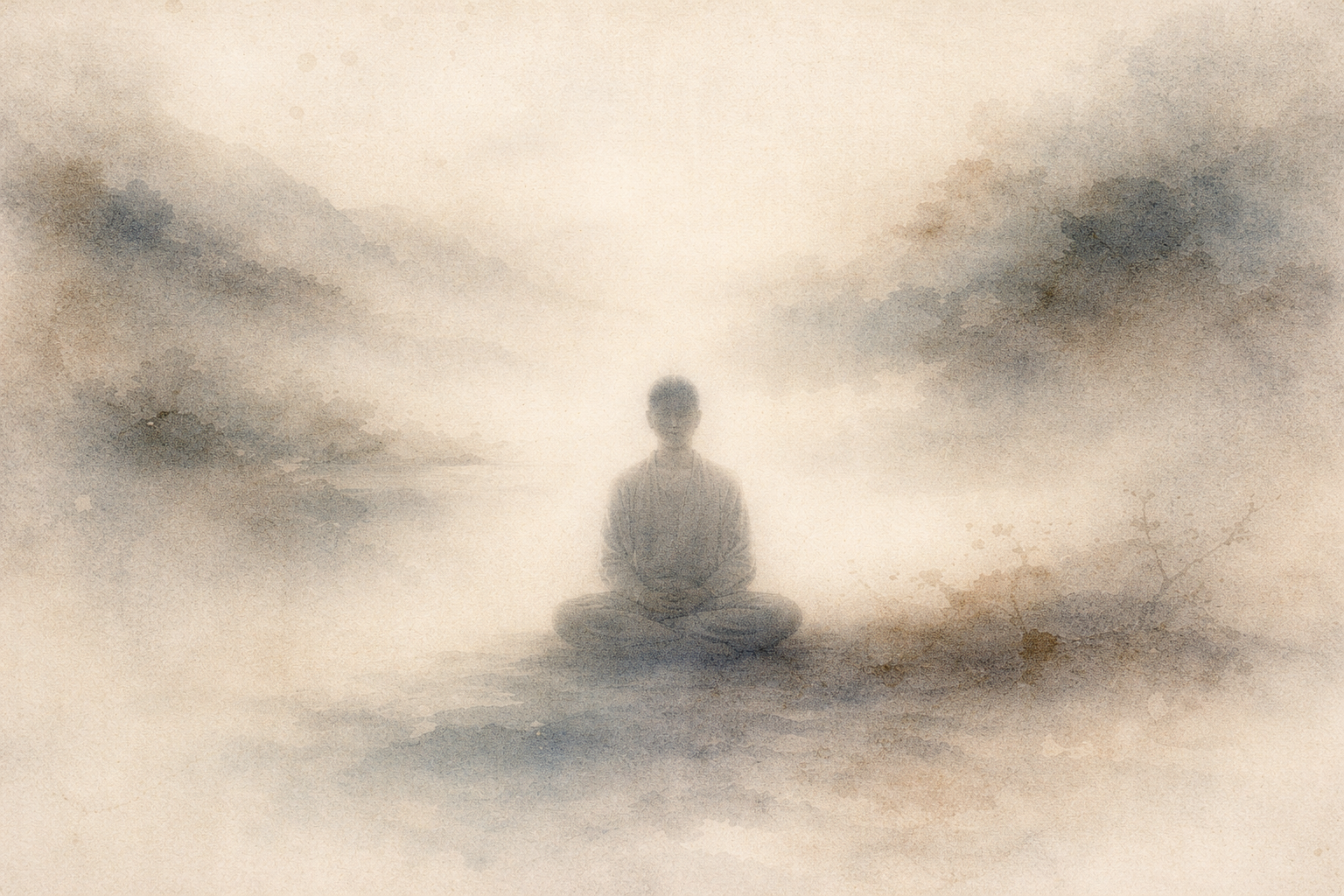 Minimalist watercolor-style illustration of a solitary figure meditating peacefully within a soft mist landscape, symbolizing the shared pursuit of inner calm in Zen and Stoicism—two philosophical traditions that teach emotional balance, acceptance of impermanence, and clarity of mind through disciplined awareness.