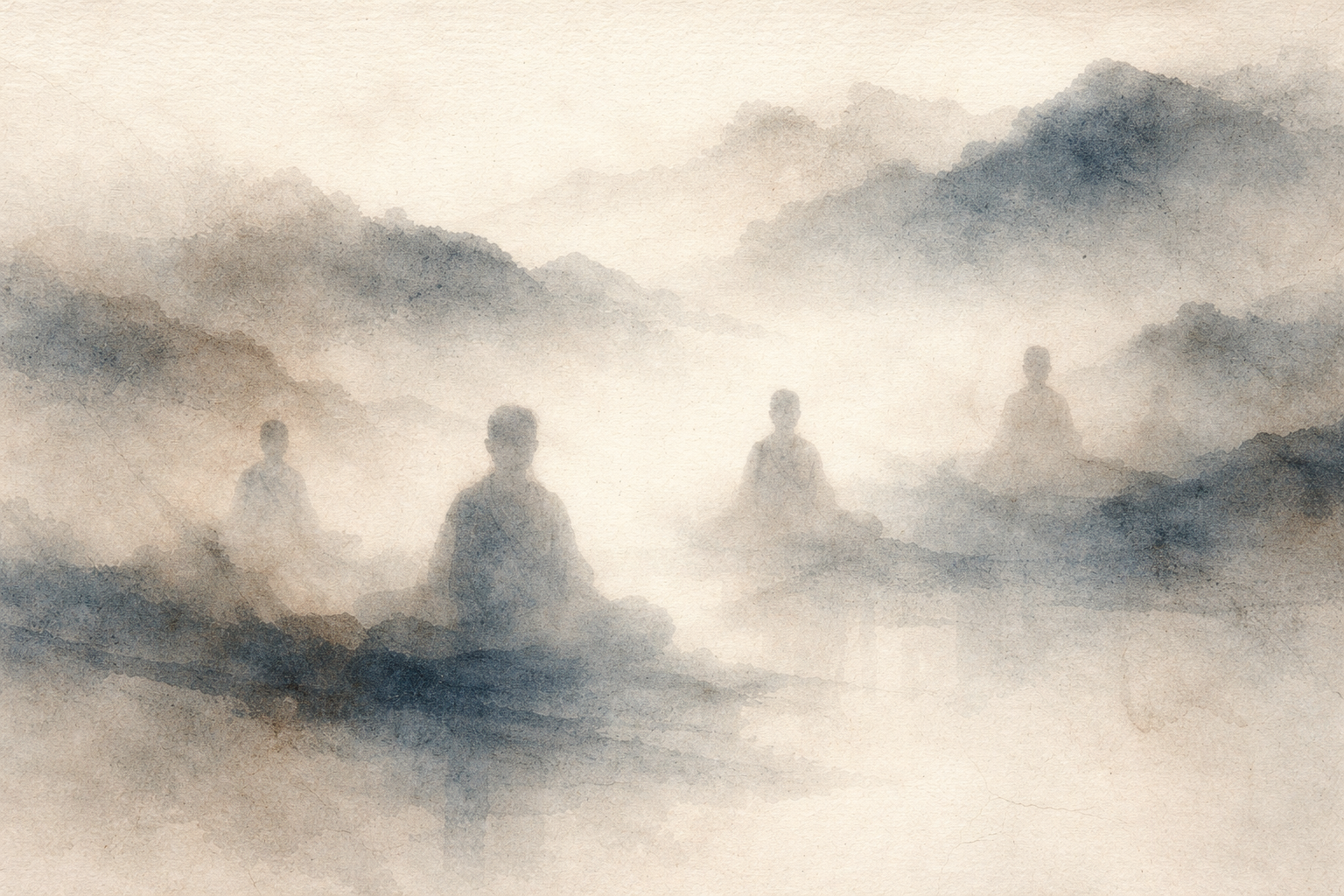 Soft watercolor-style illustration of several meditating figures emerging from a misty mountain landscape, symbolizing the subtle distinctions and shared essence between Zen and Taoism—two philosophies that appear similar in their emphasis on simplicity and natural flow, yet differ in origin, expression, and spiritual approach.