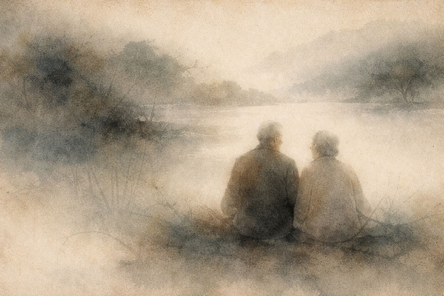 Elderly couple sitting quietly by a misty lakeside in a soft watercolor style, reflecting contemplation and wisdom in the context of the bell symbol in Tibetan Buddhism