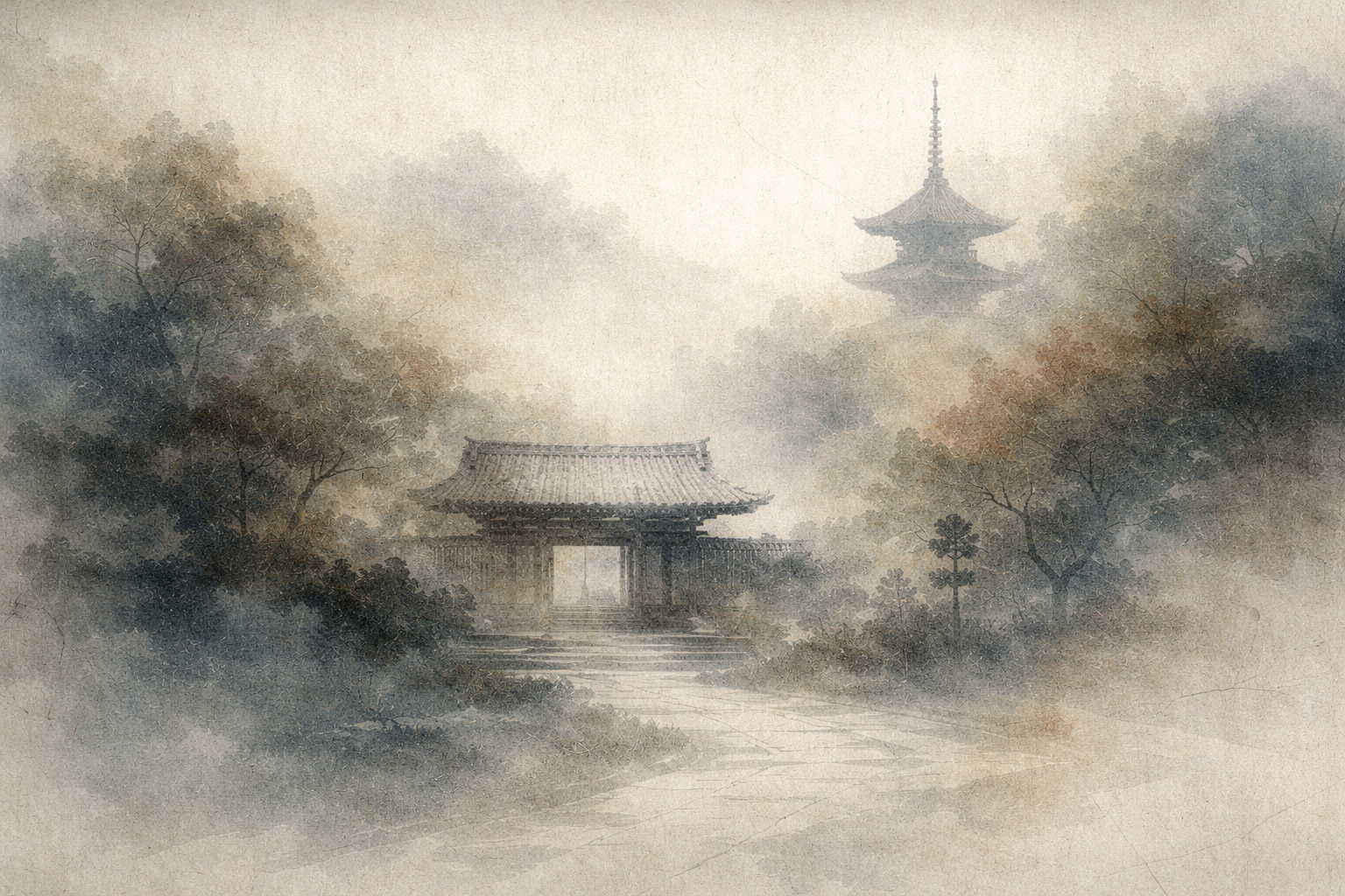 A mist-covered temple and distant pagoda in a tranquil mountain landscape, evoking the mystical atmosphere of Esoteric Buddhism and its path to hidden wisdom.
