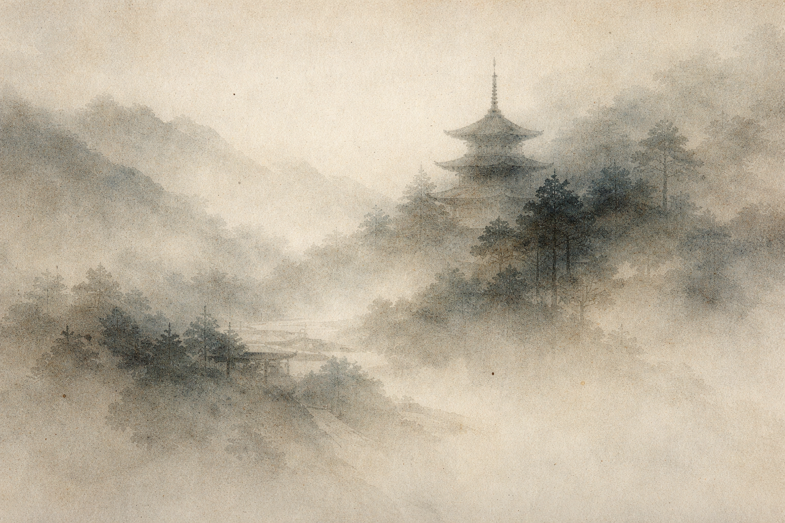 霧に包まれた山寺と遠くの塔が広がる静かな風景。大乗仏教の授戒（Mahayana Ordination）に通じる、修行と内省の精神を感じさせるイメージ。