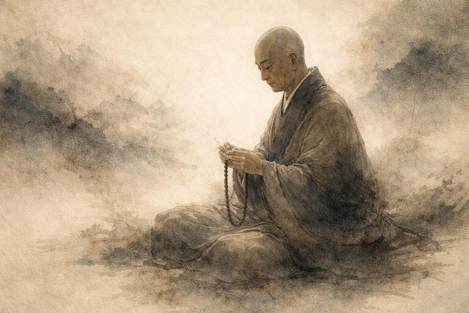 数珠を手に静かに瞑想する僧侶の姿。真言宗の開祖・空海（Kukai）に着想を得た、密教修行の静けさと精神性を表現したイメージ。