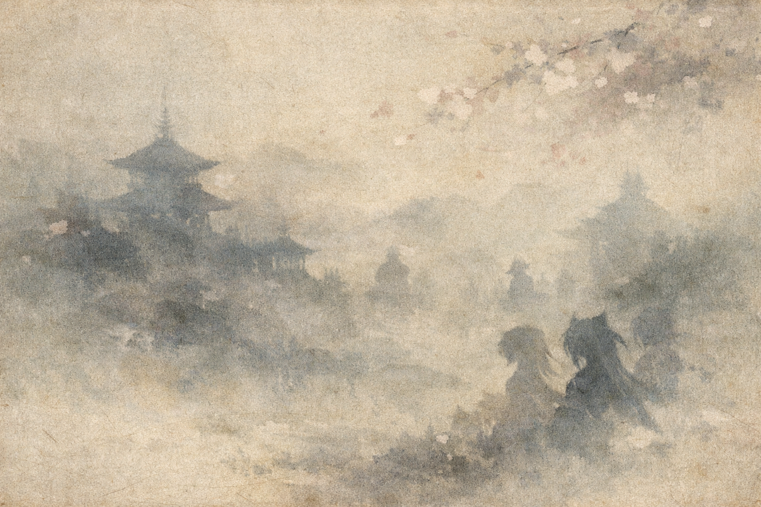 A misty mountain temple with a distant pagoda, evoking the शांत and contemplative atmosphere of Tendai Buddhism and its path of integrated practice.