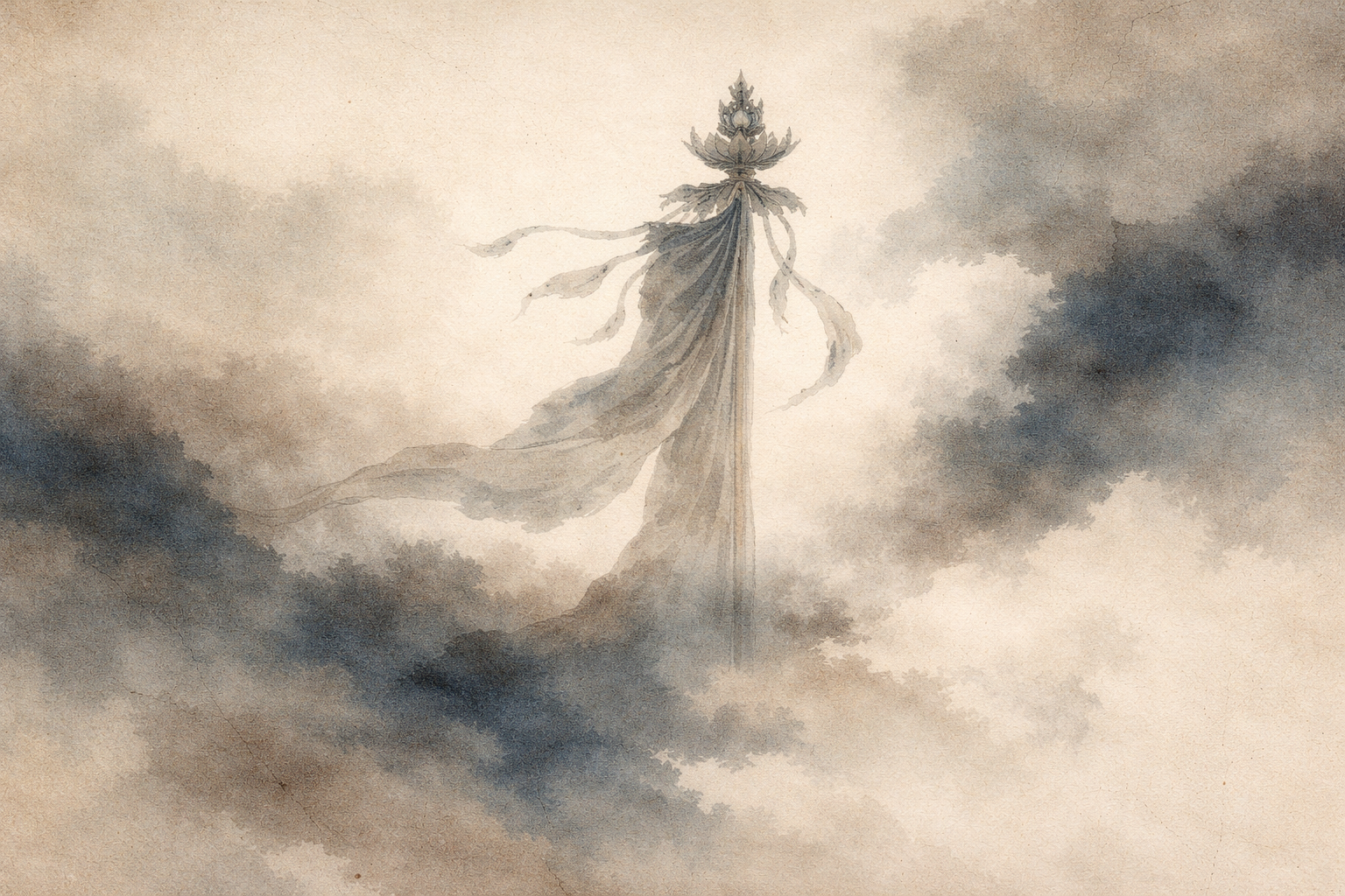 Vajra symbol in Buddhism rising through mist in a soft watercolor scene, representing spiritual power, indestructibility, and enlightenment