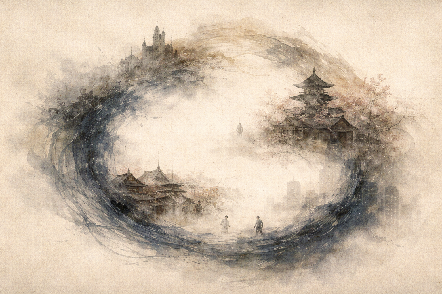 渦を描くような構図の中に寺院や塔、人々の姿が重なり合う幻想的な風景。南都六宗（Six Nara Schools）の教えの相互関係と、日本仏教初期の思想世界を象徴するイメージ。