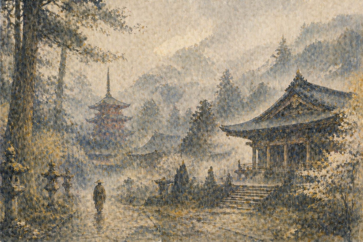 A tranquil temple complex with a pagoda and a solitary monk walking through a misty landscape, evoking the historical atmosphere of the Six Nara Schools and early Japanese Buddhist practice.