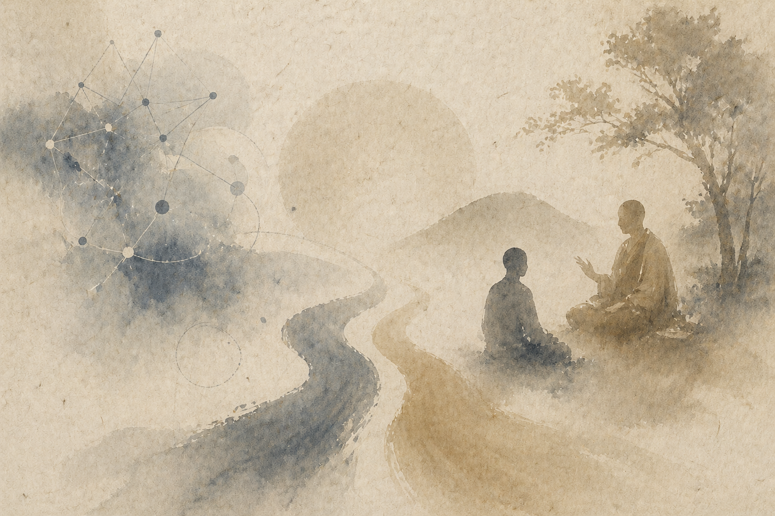 Two Buddhist monks sitting by a winding path in a शांत landscape, engaged in quiet dialogue, symbolizing the transmission of wisdom and contemplative practice.