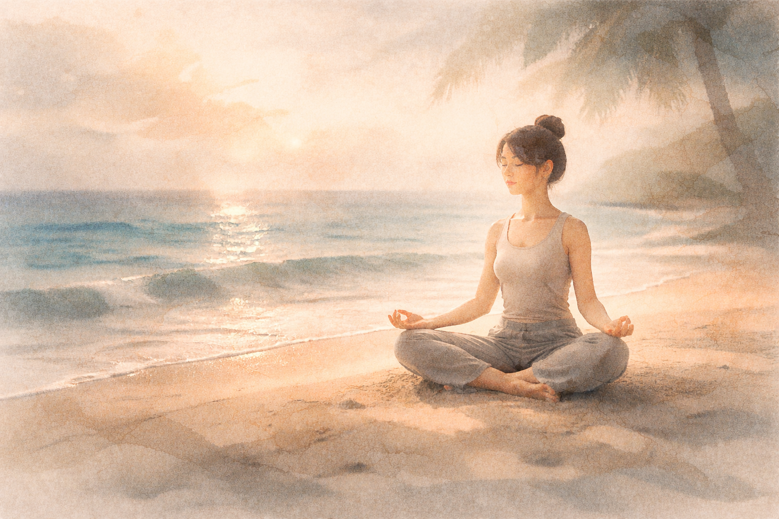朝日の海辺で静かに瞑想する人物の姿。呼吸法は心を落ち着かせる助けになるが、より深い瞑想は呼吸を超えた気づきを開いていくことを示している