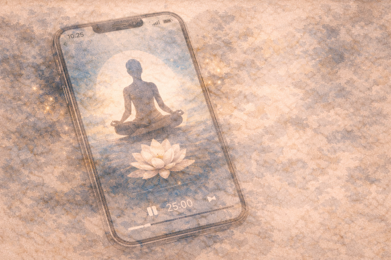 Watercolor-style image of a smartphone displaying a meditation session timer with a lotus symbol and seated figure, representing the value of meditation apps and how digital tools can support beginners starting a mindfulness practice.