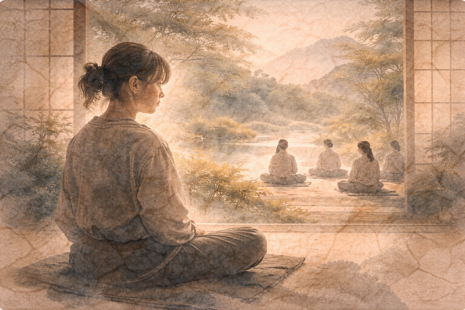 Abstract depiction of a beginner seated quietly at the edge of a meditation space, observing a small group practicing in a calm natural setting, rendered in soft ink textures that evoke curiosity, gentle uncertainty, and the welcoming atmosphere of a retreat suitable for newcomers.