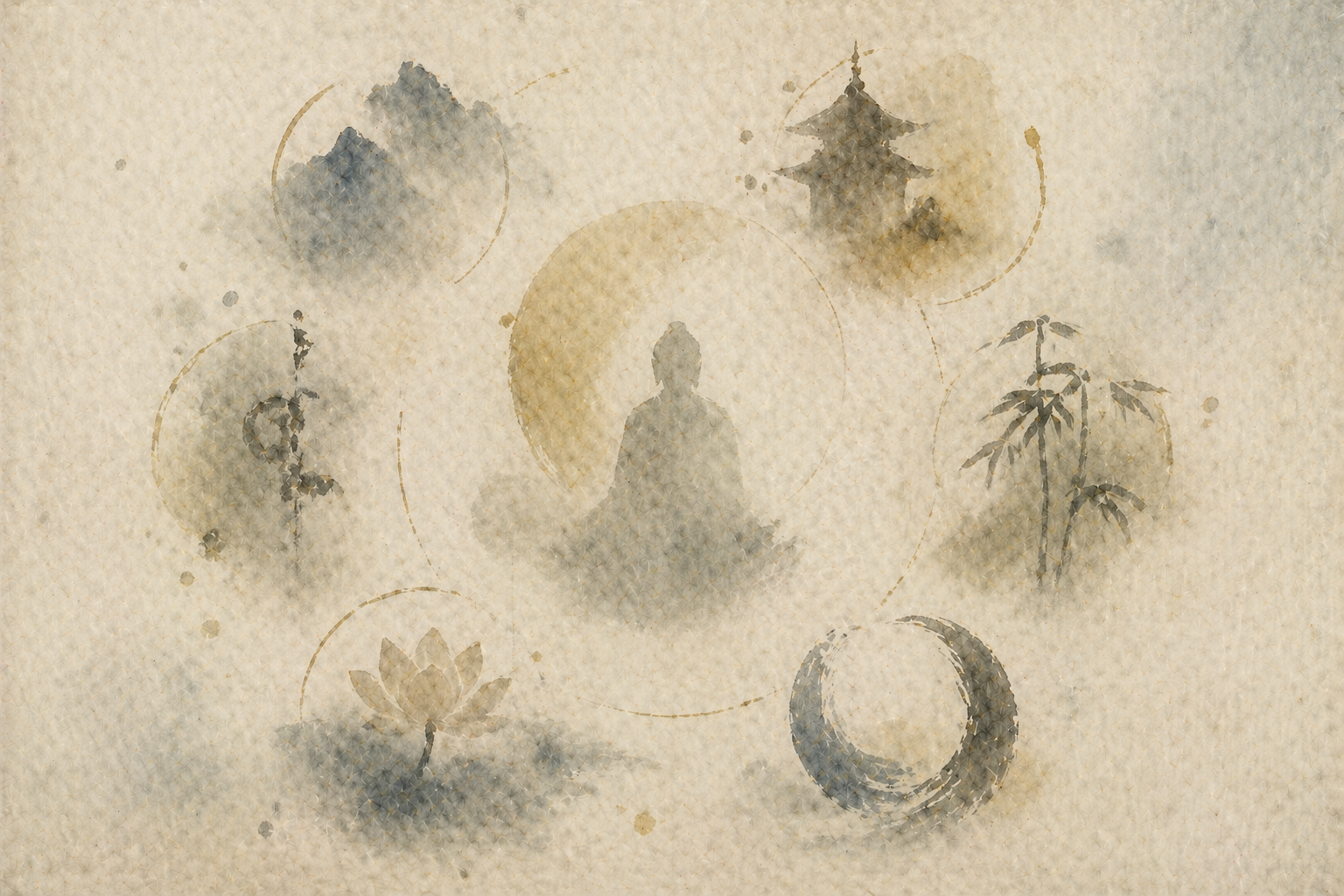中央に瞑想する人物を置き、その周囲に自然や寺院、円の筆致がやわらかく描かれた象徴的な風景。つながりや内省、そして仏教における「しるし」や意味への静かな問いを表している