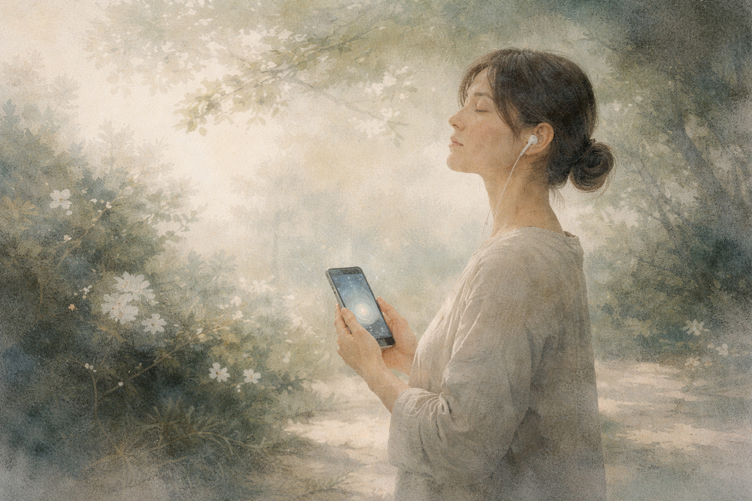 A woman calmly using a smartphone breathing app in a peaceful natural setting, representing key features that support stress relief through guided breathing