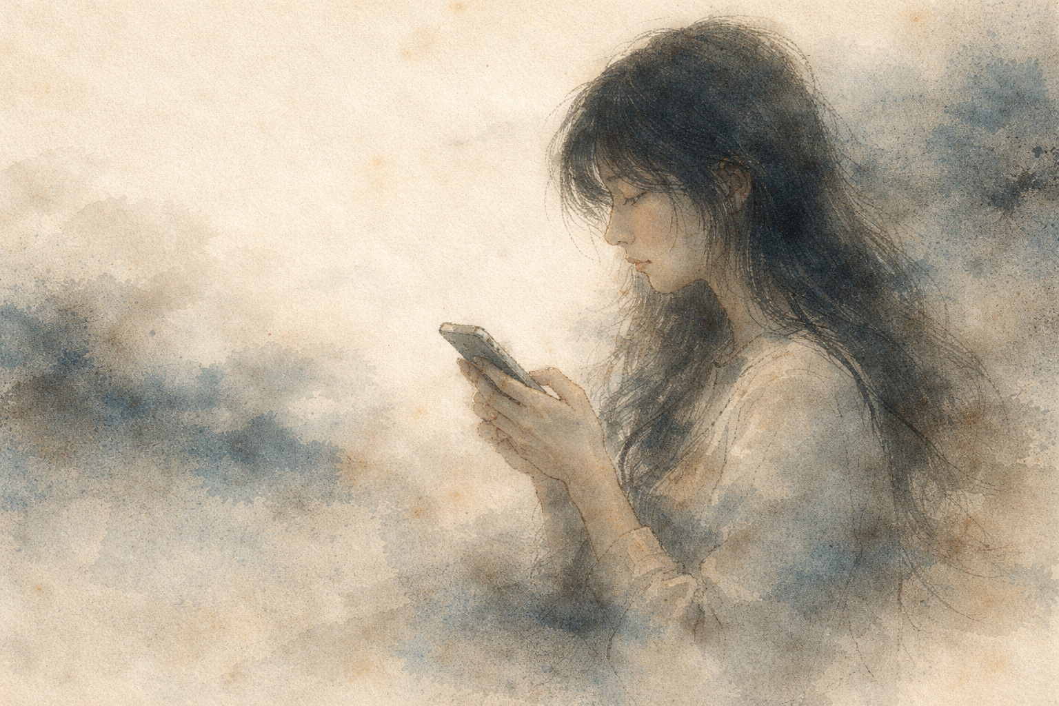A person gently focuses on a smartphone in a quiet, contemplative mood, suggesting a search for meaningful guidance through digital or AI-based support